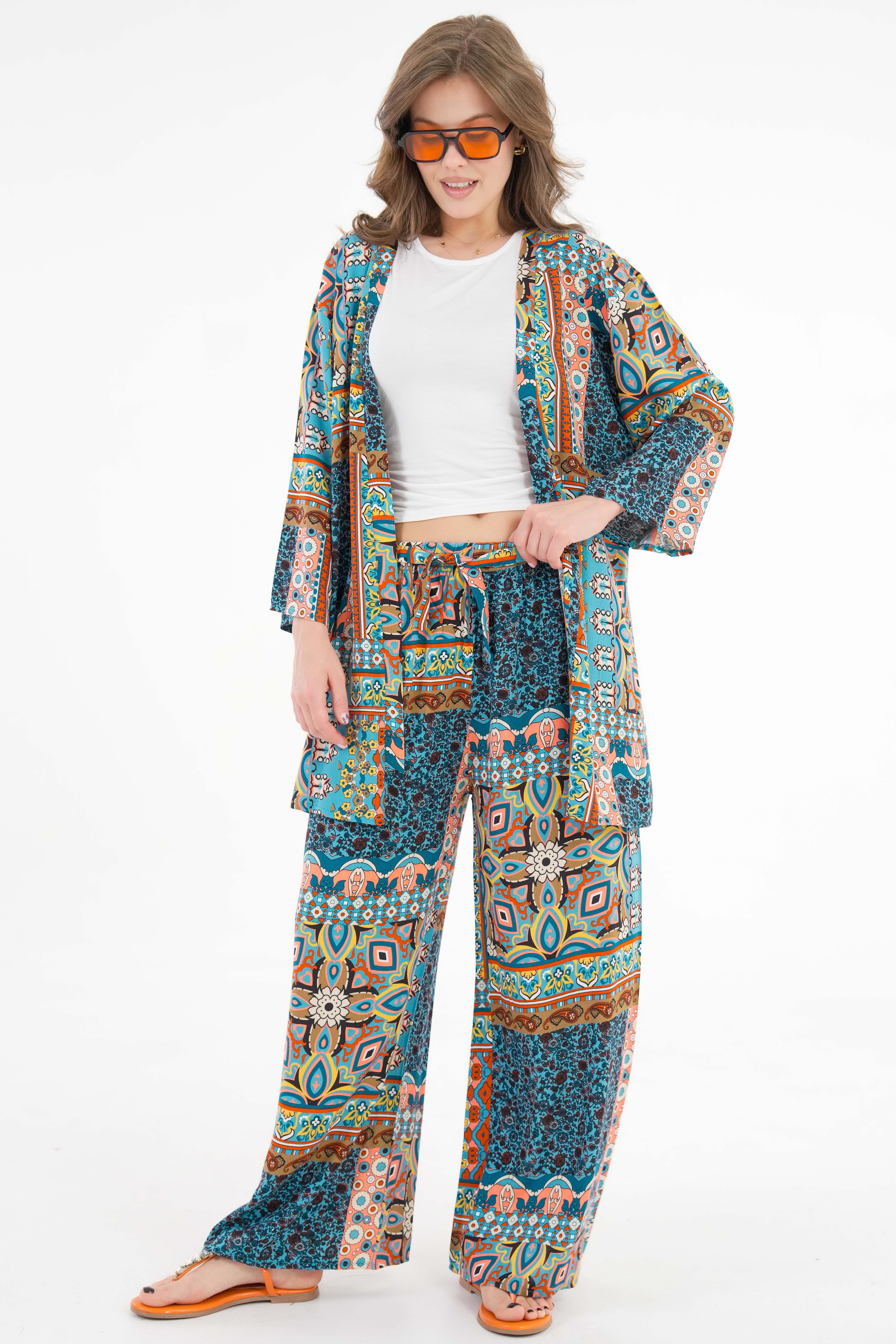 Desenli Kimono -Beli Lastikli Palazzo Pantolon Alt-Üst Takım