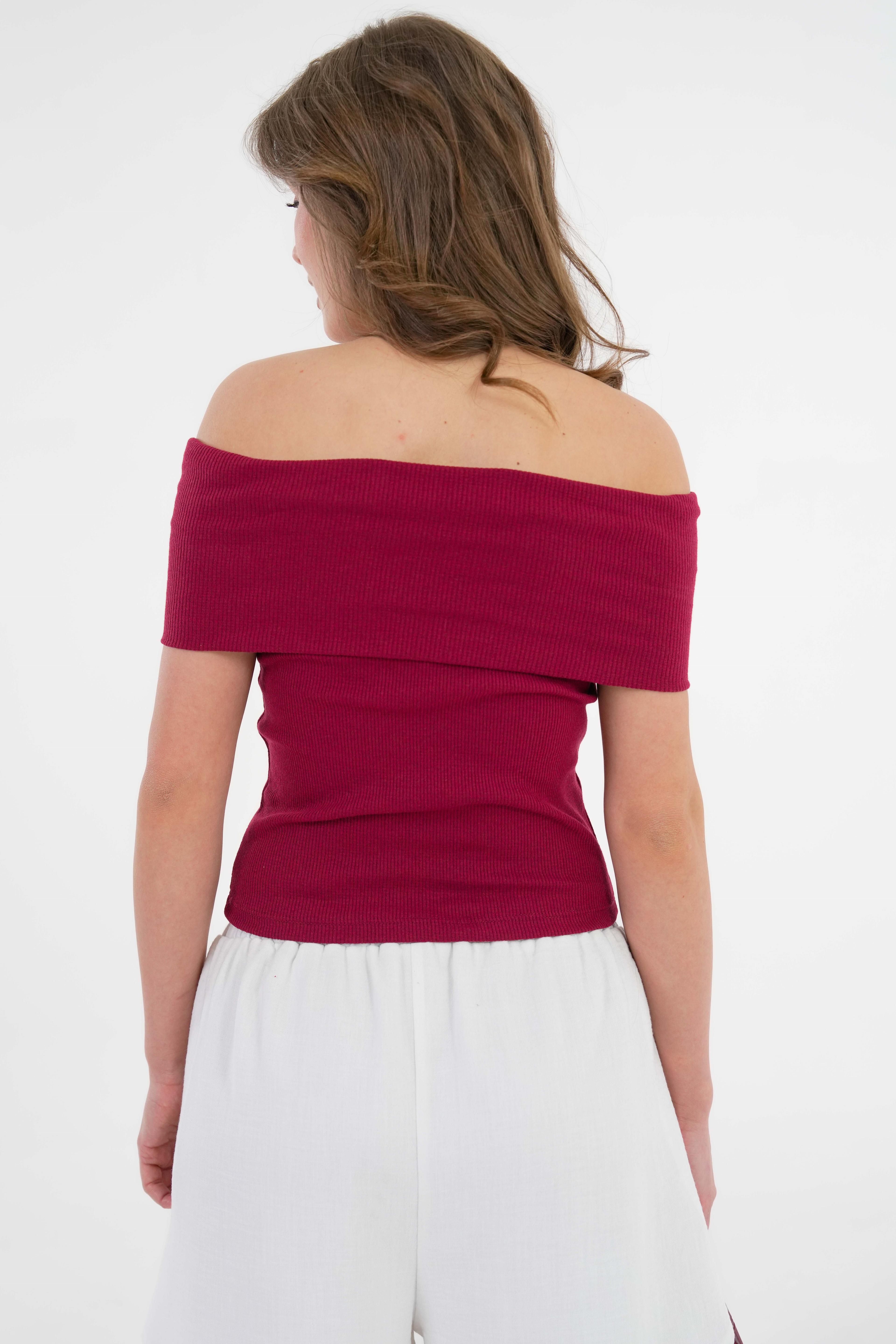 Madonna Yaka Omzu Açık Fitilli Örme Crop Bluz - Bordo