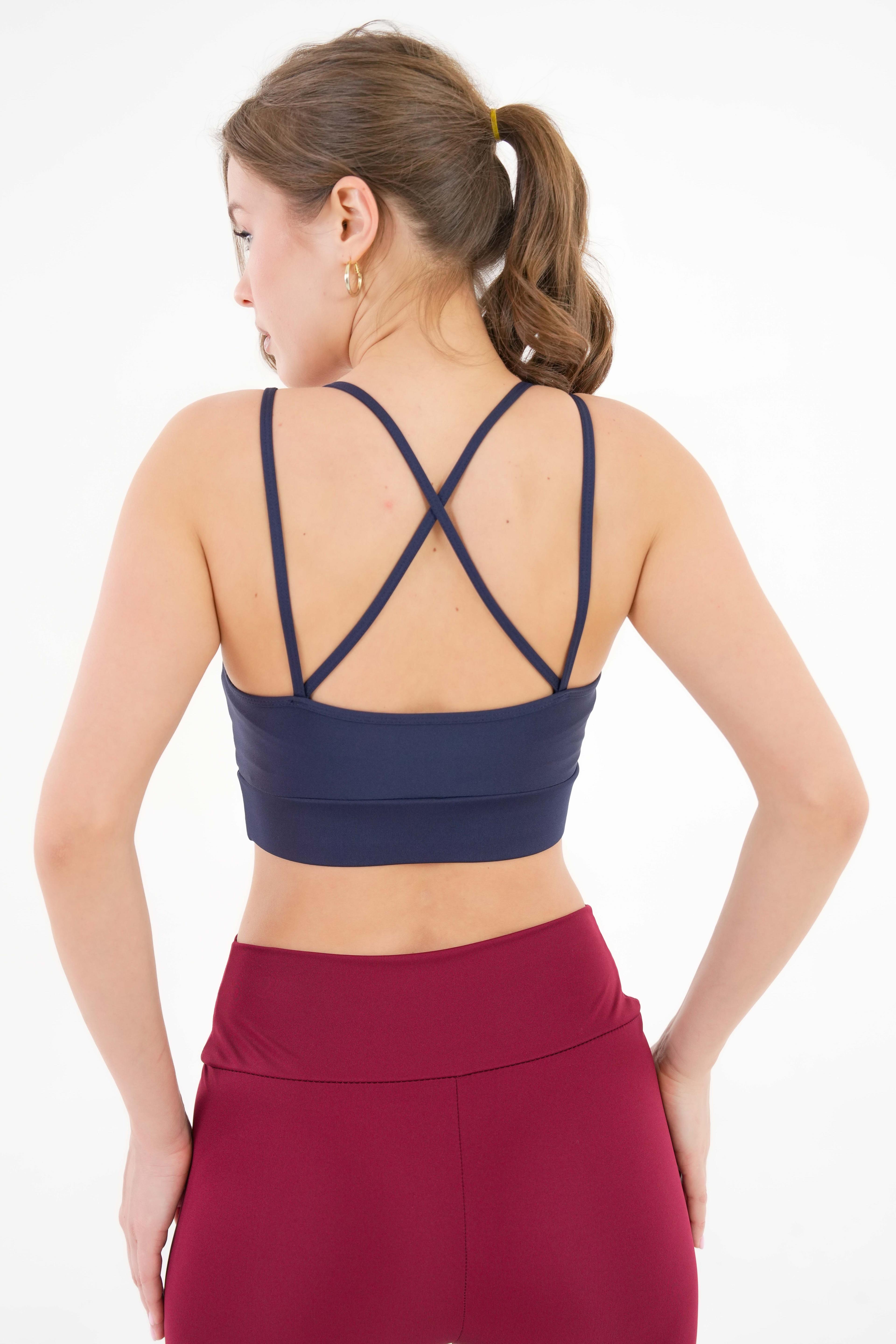 Pedli V Yaka Sırt Çapraz Askı Detaylı Örme Crop Büstiyer - Pedli Sporcu Sütyeni - Lacivert