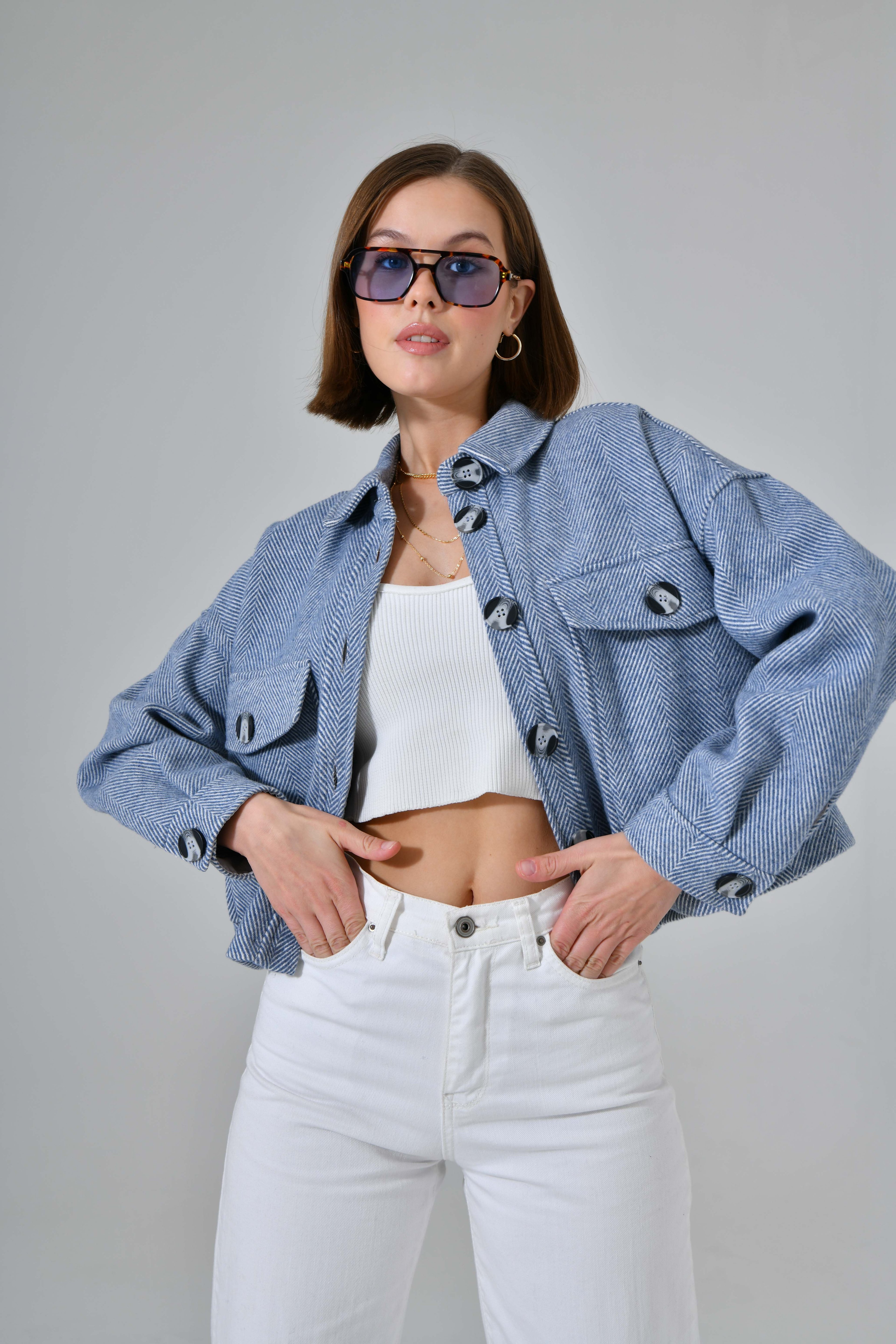 Kaşe Oversize Cepli Crop Ceket