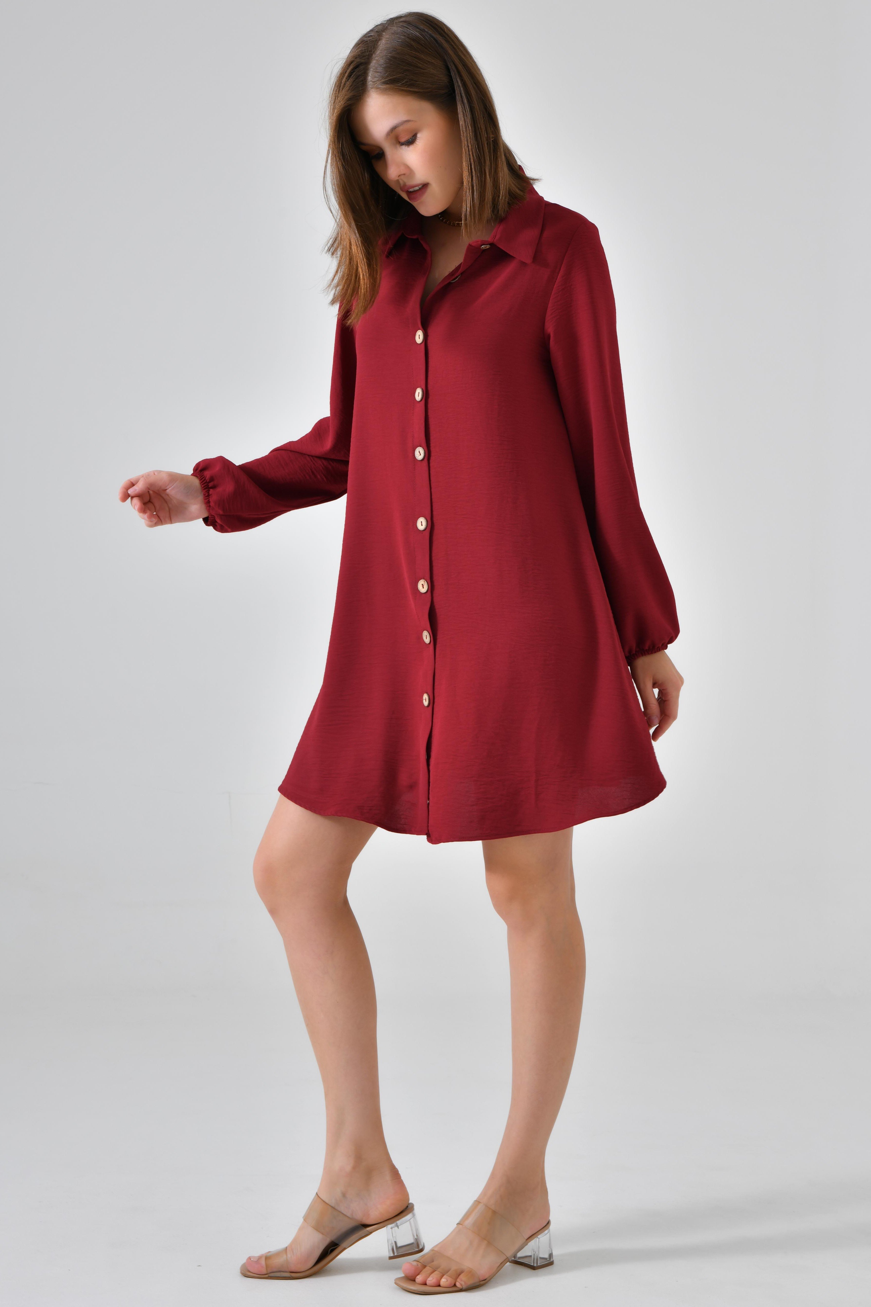 Ahşap Düğmeli Tunik - Bordo
