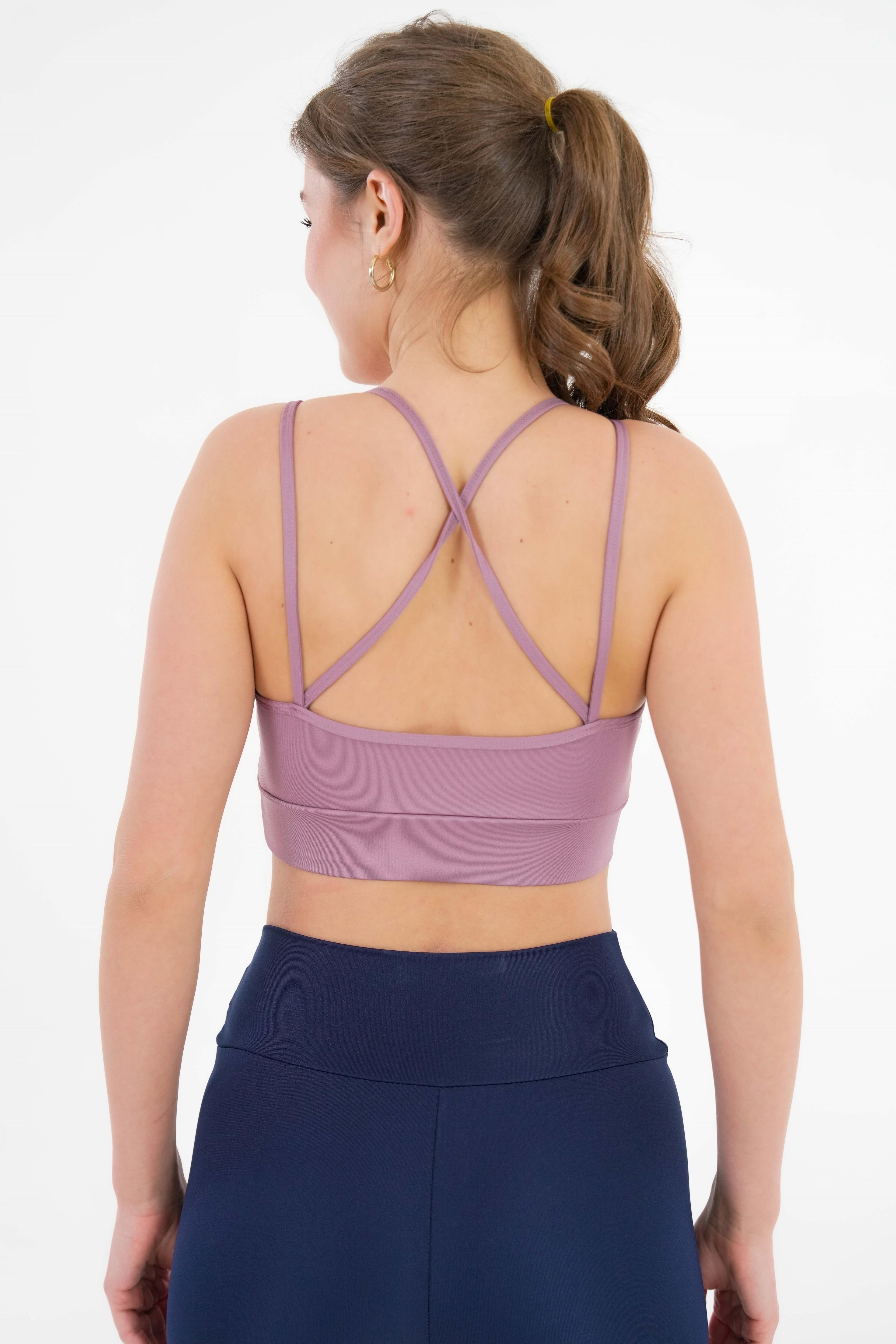 Pedli V Yaka Sırt Çapraz Askı Detaylı Örme Crop Büstiyer - Pedli Sporcu Sütyeni - Mor