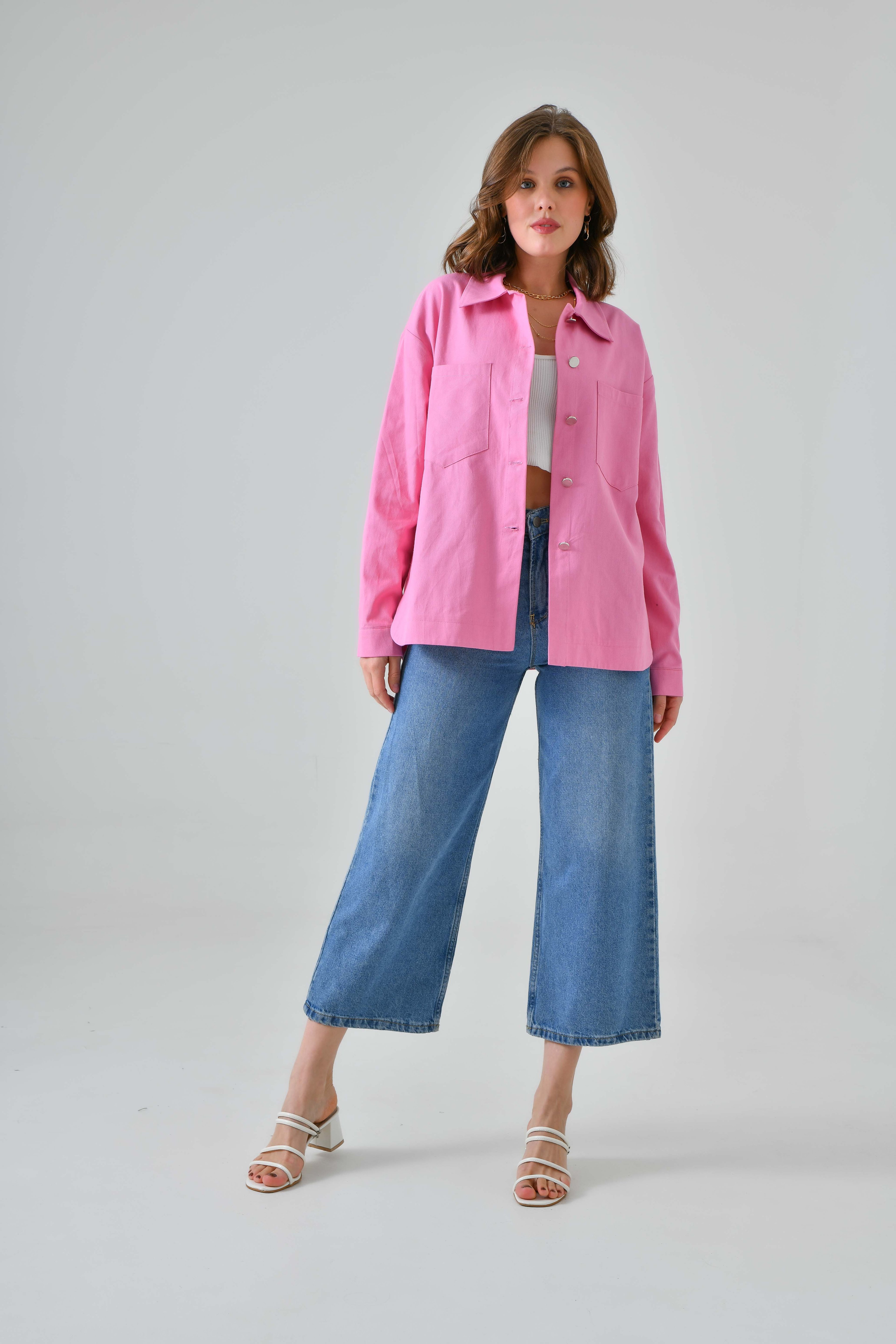 Gabardin Keten Gömlek Ceket - Pembe