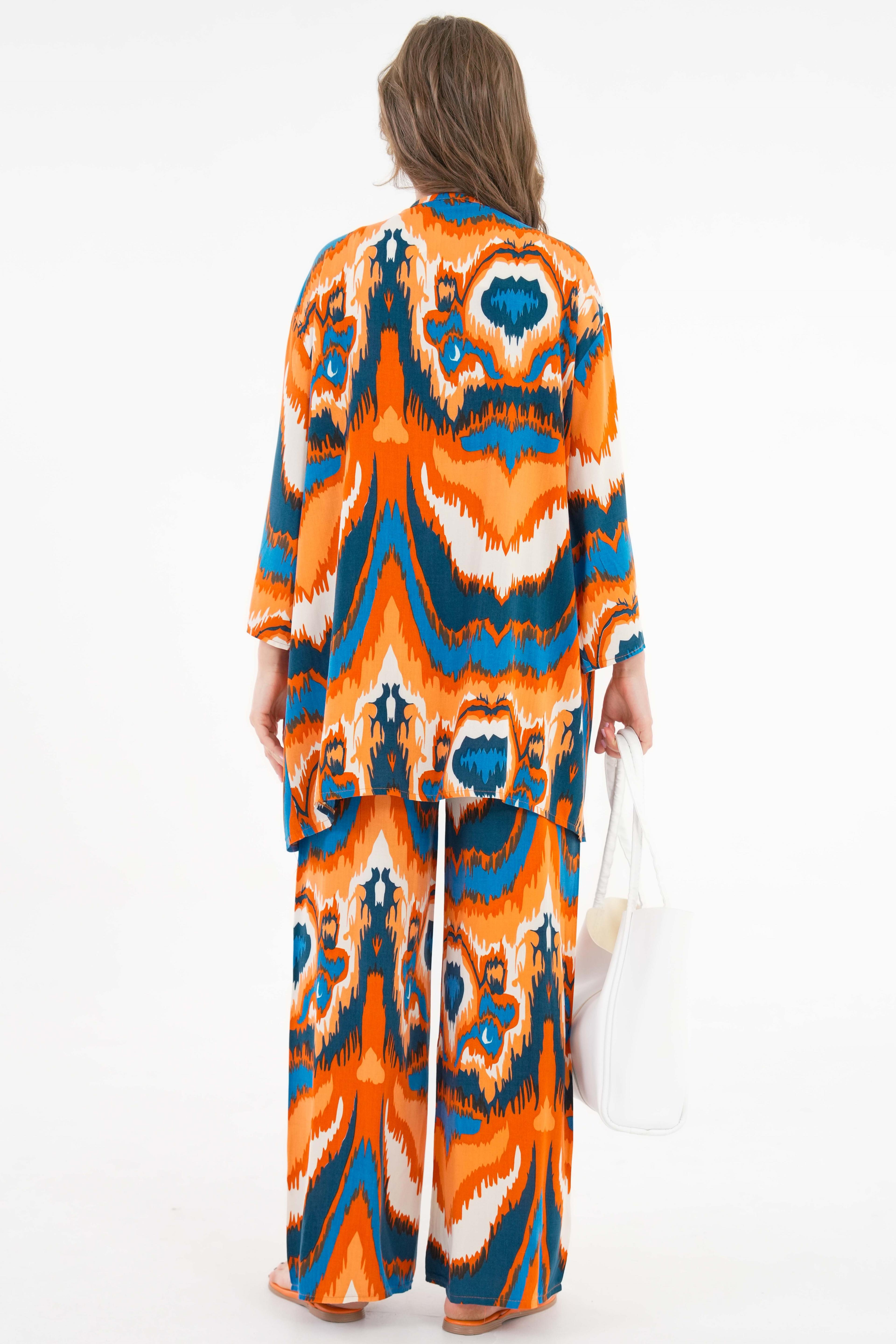 Desenli Kimono -Beli Lastikli Palazzo Pantolon Alt-Üst Takım - Turuncu