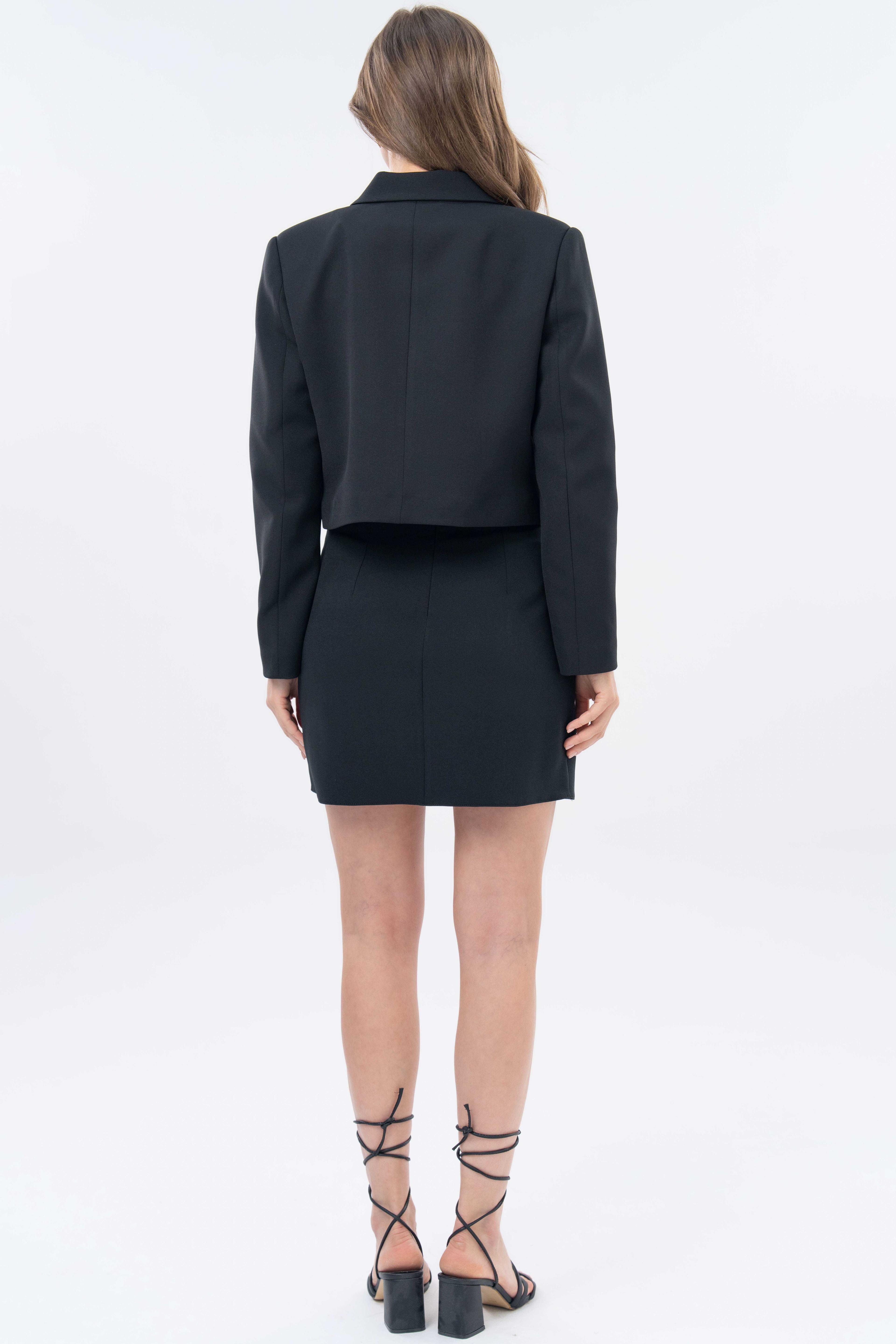 Kruvaze Crop Blazer Ceket - Etek Dokuma Alt-Üst Takım