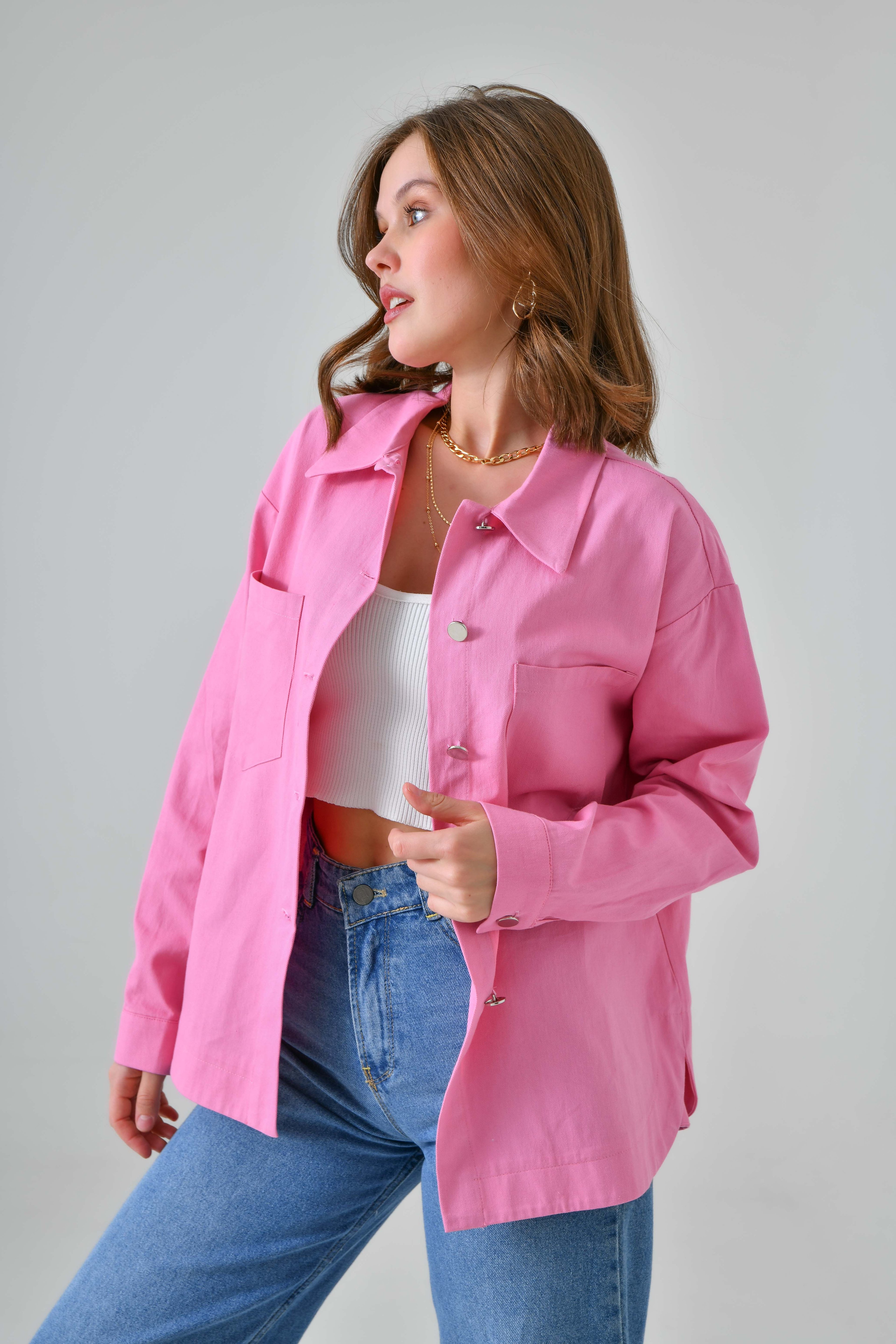 Gabardin Keten Gömlek Ceket - Pembe