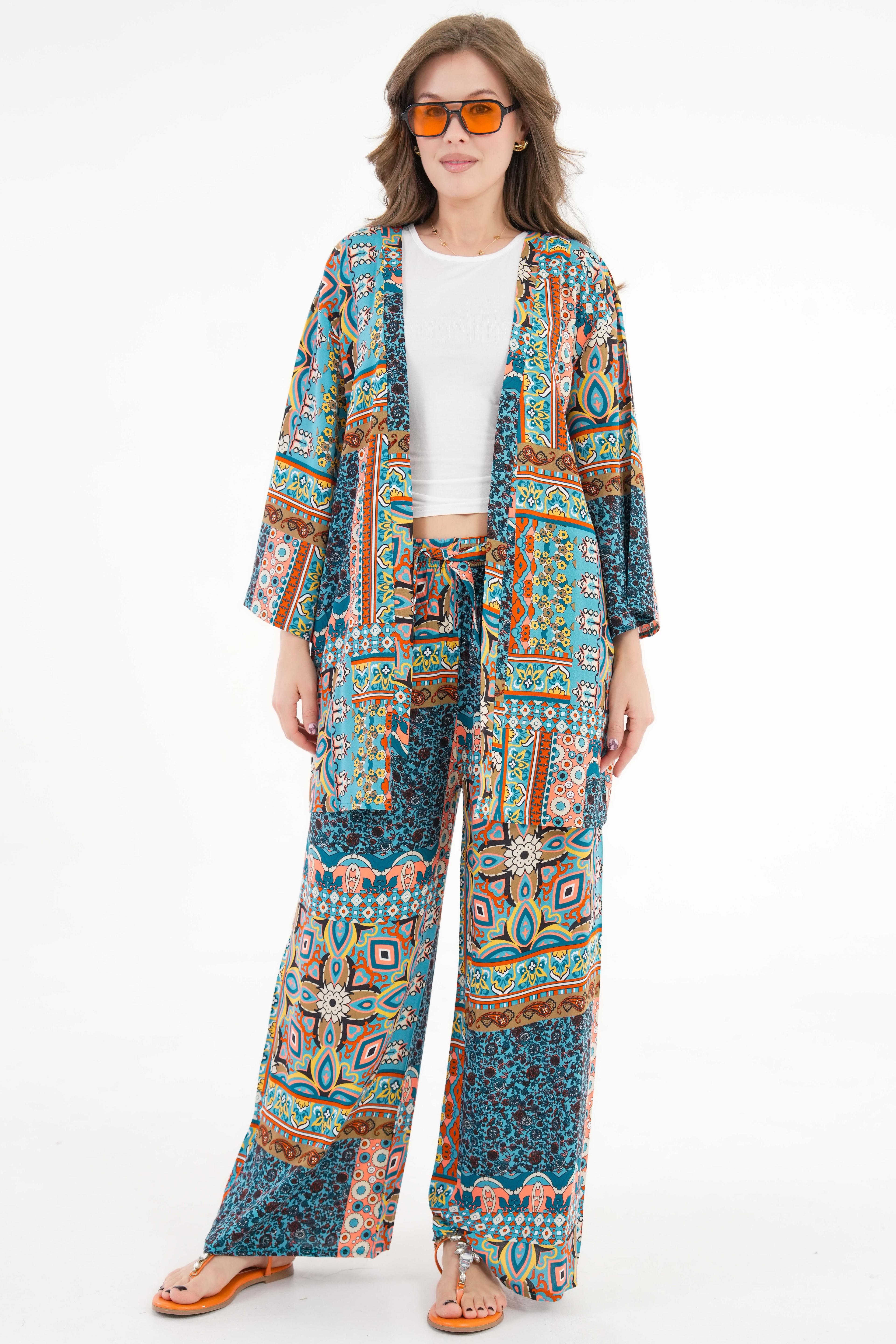 Desenli Kimono -Beli Lastikli Palazzo Pantolon Alt-Üst Takım