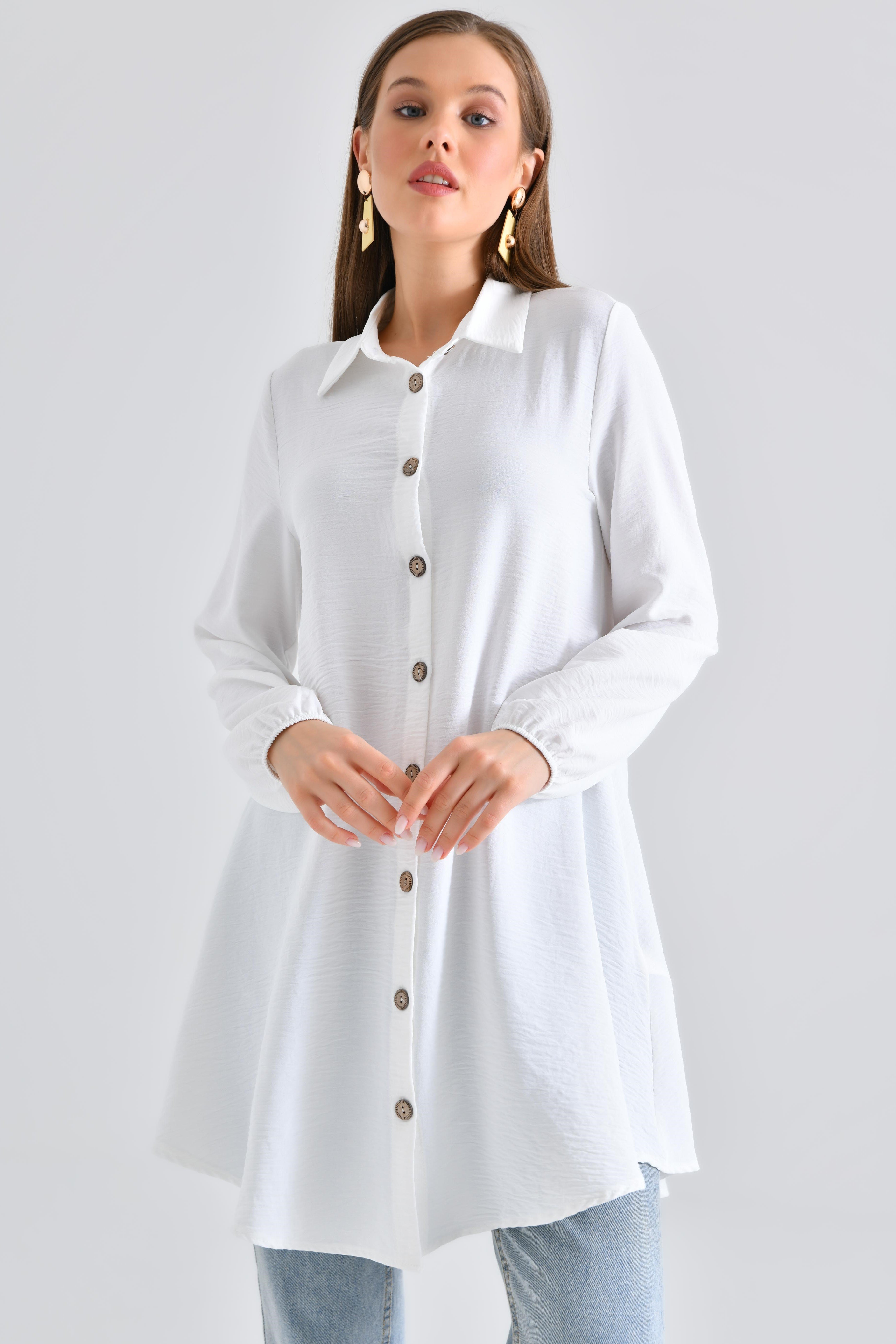 Ahşap Düğmeli Tunik - Beyaz