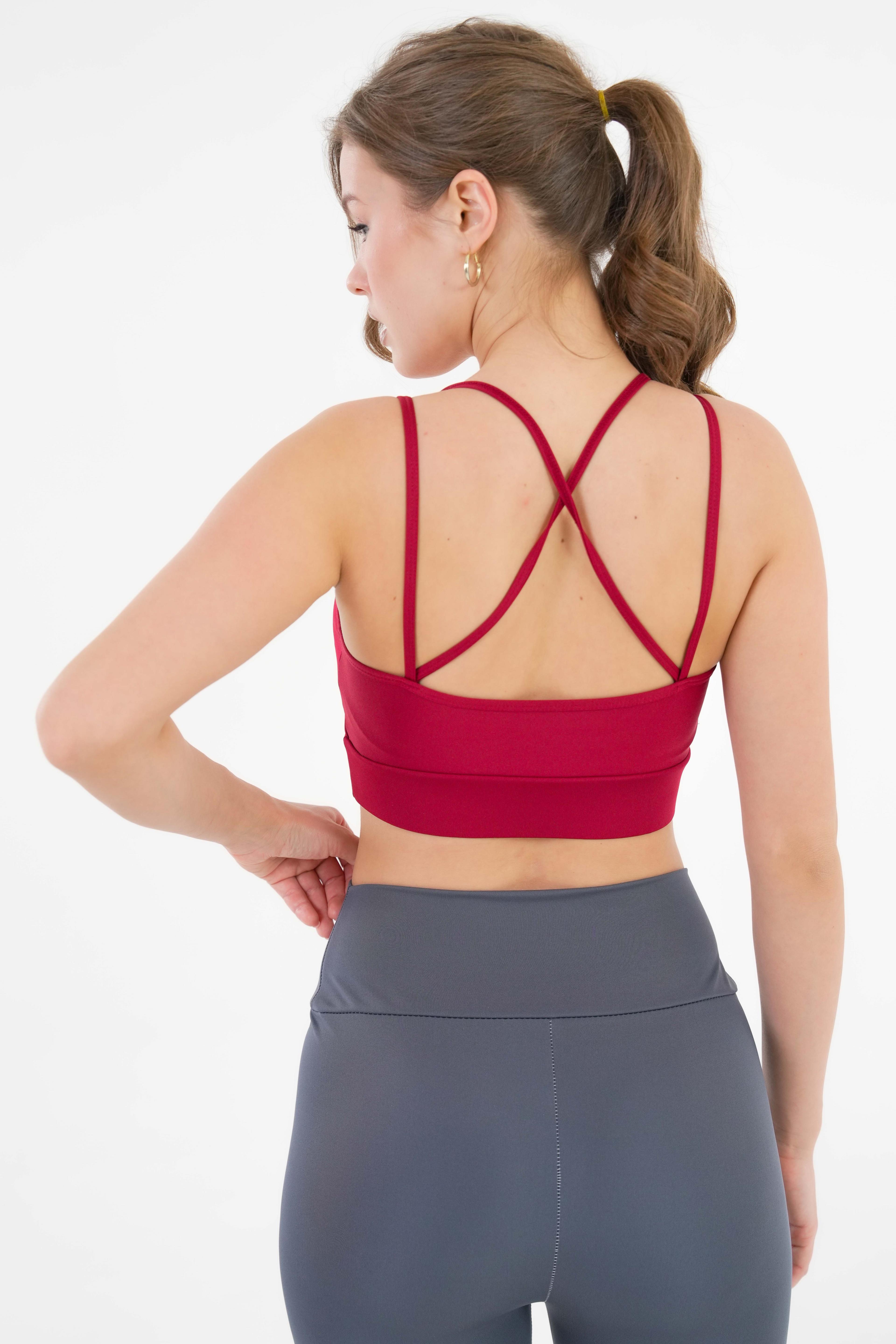 Pedli V Yaka Sırt Çapraz Askı Detaylı Örme Crop Büstiyer - Pedli Sporcu Sütyeni - Bordo