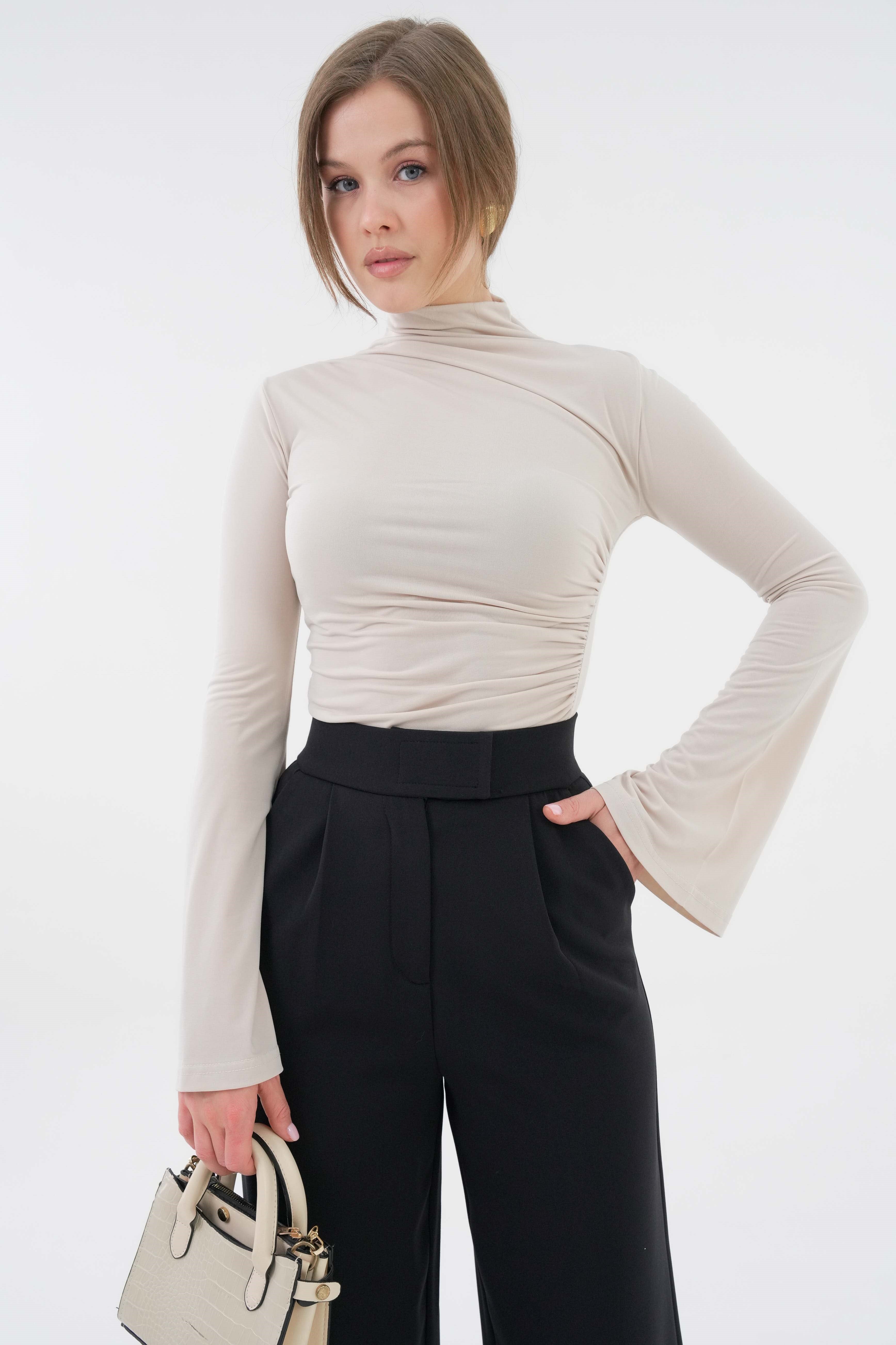 Yanı Drape Büzgülü Likralı Örme Bluz - Taş