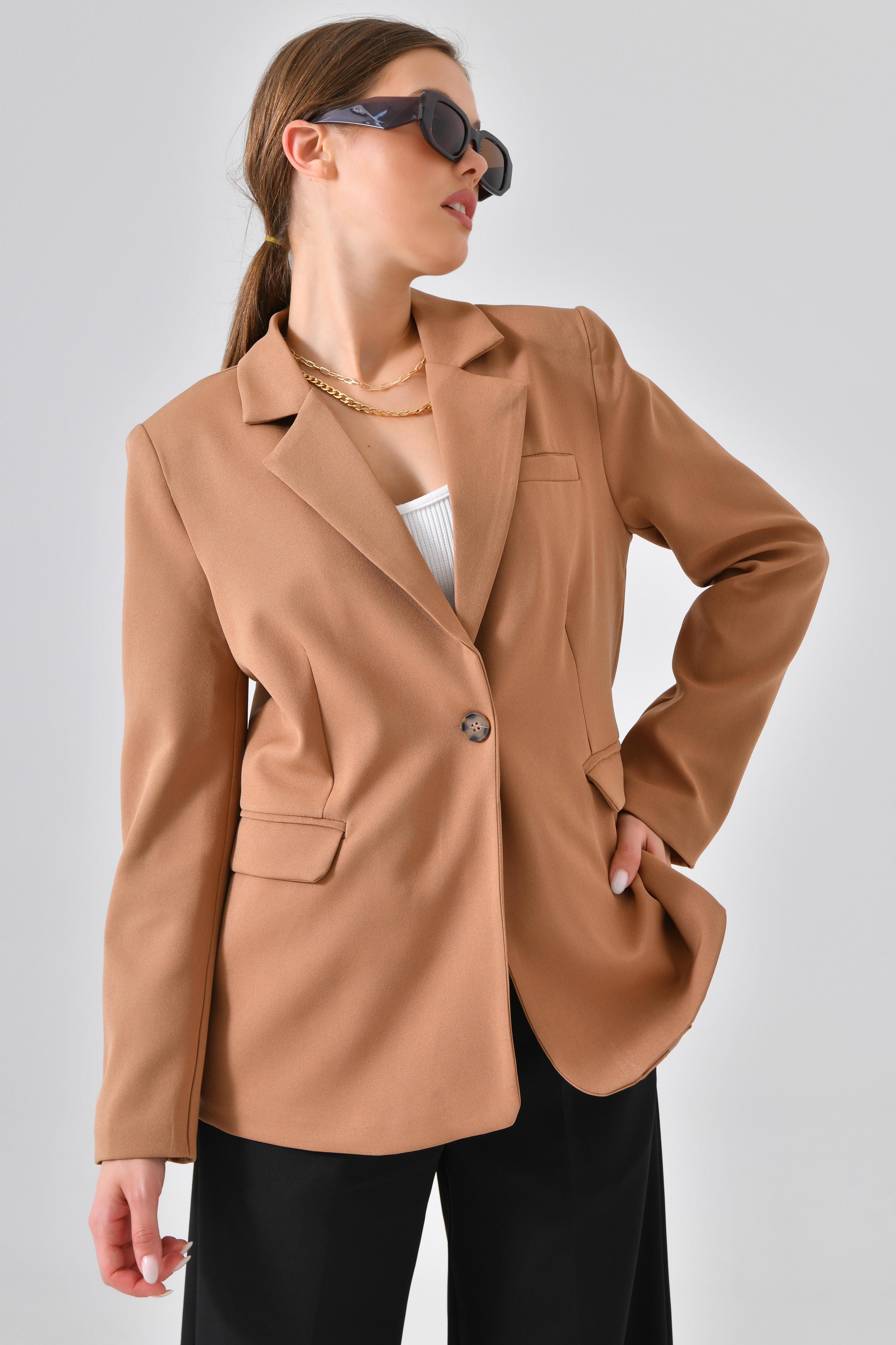 Tek Düğme Kapama Yırtmaç Detaylı Dokuma Blazer Ceket