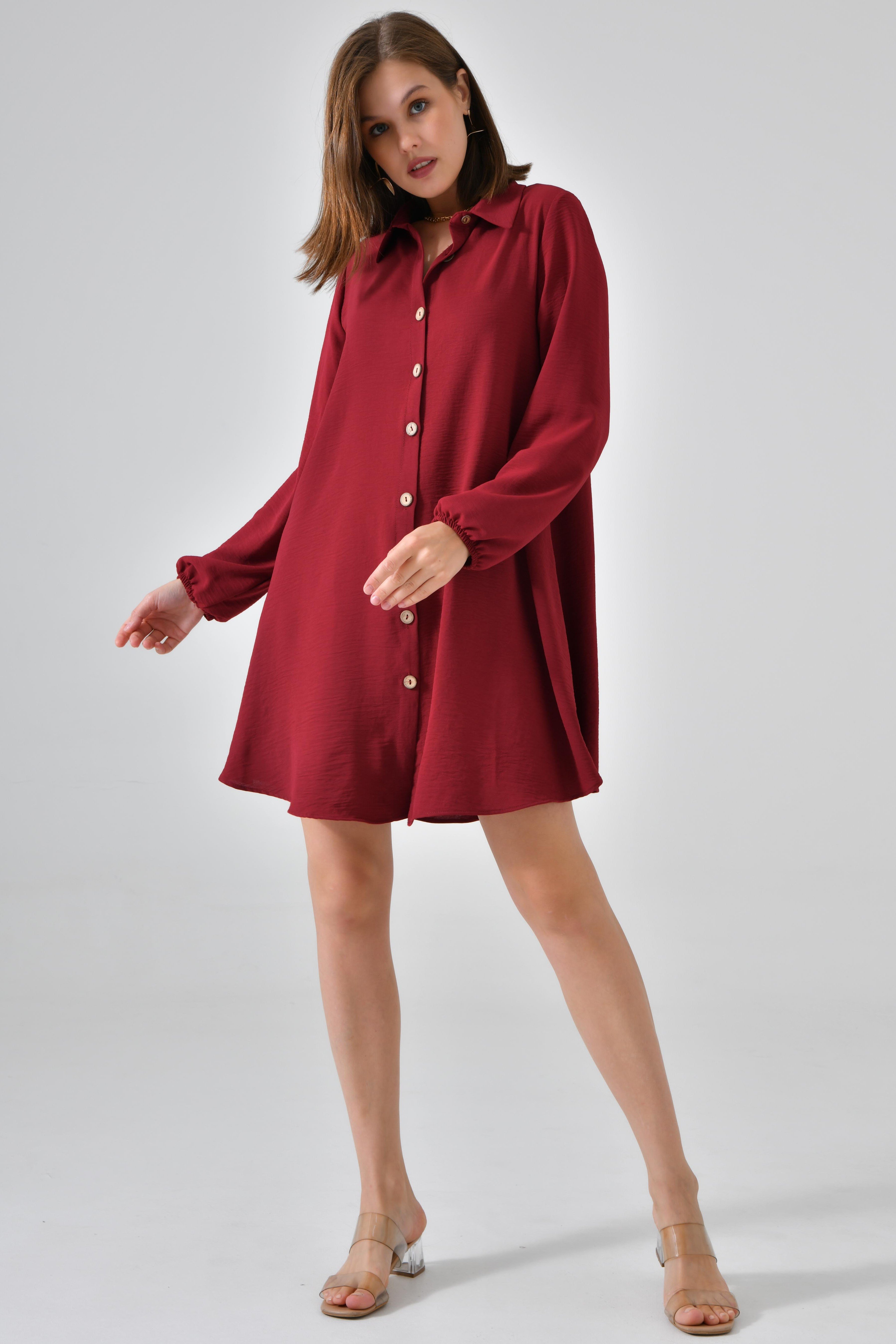 Ahşap Düğmeli Tunik - Bordo