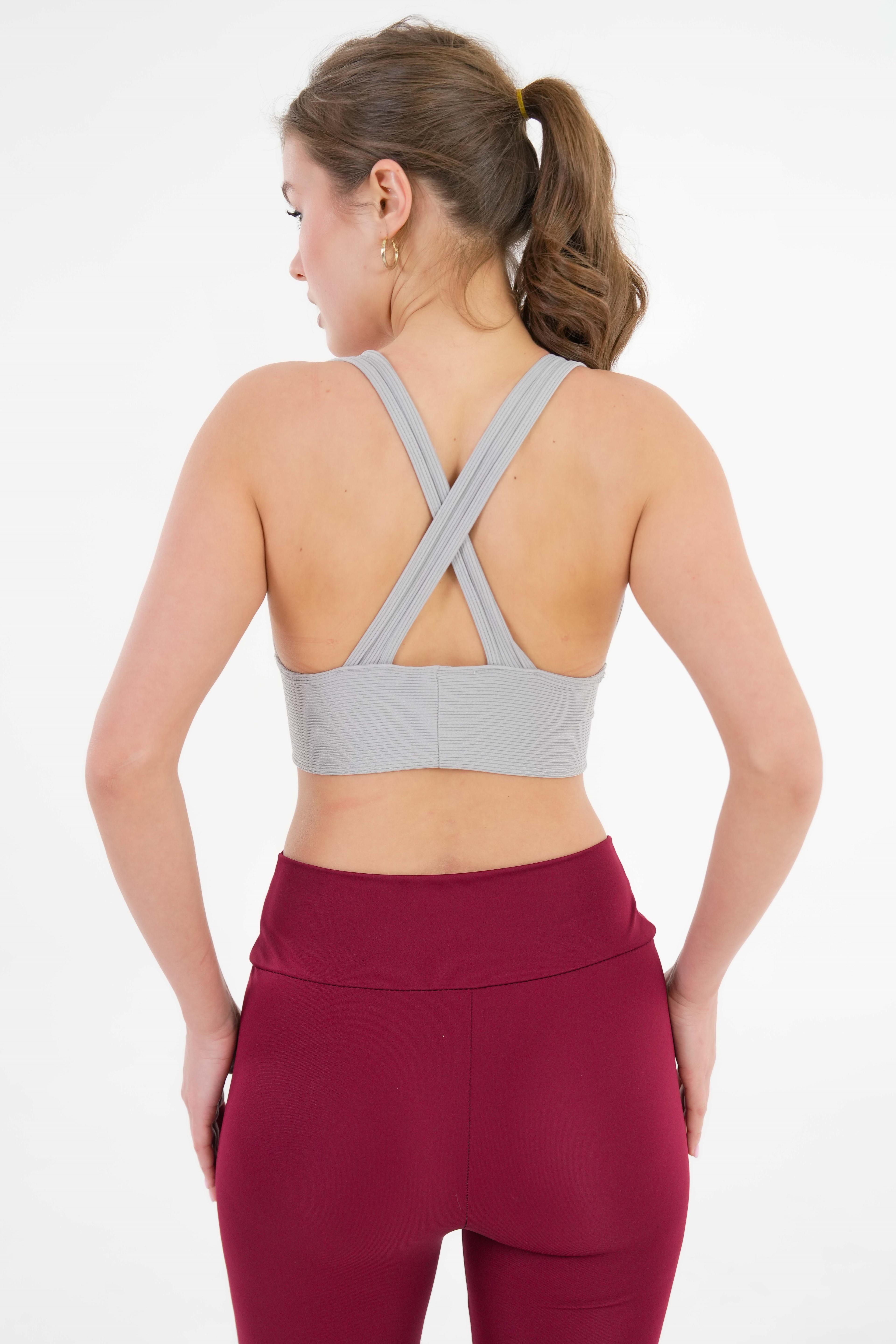 Dekolte V Yaka Fitilli Örme Seamless Pamuk Crop Büstiyer - Pedli Sporcu Sütyeni - Gri