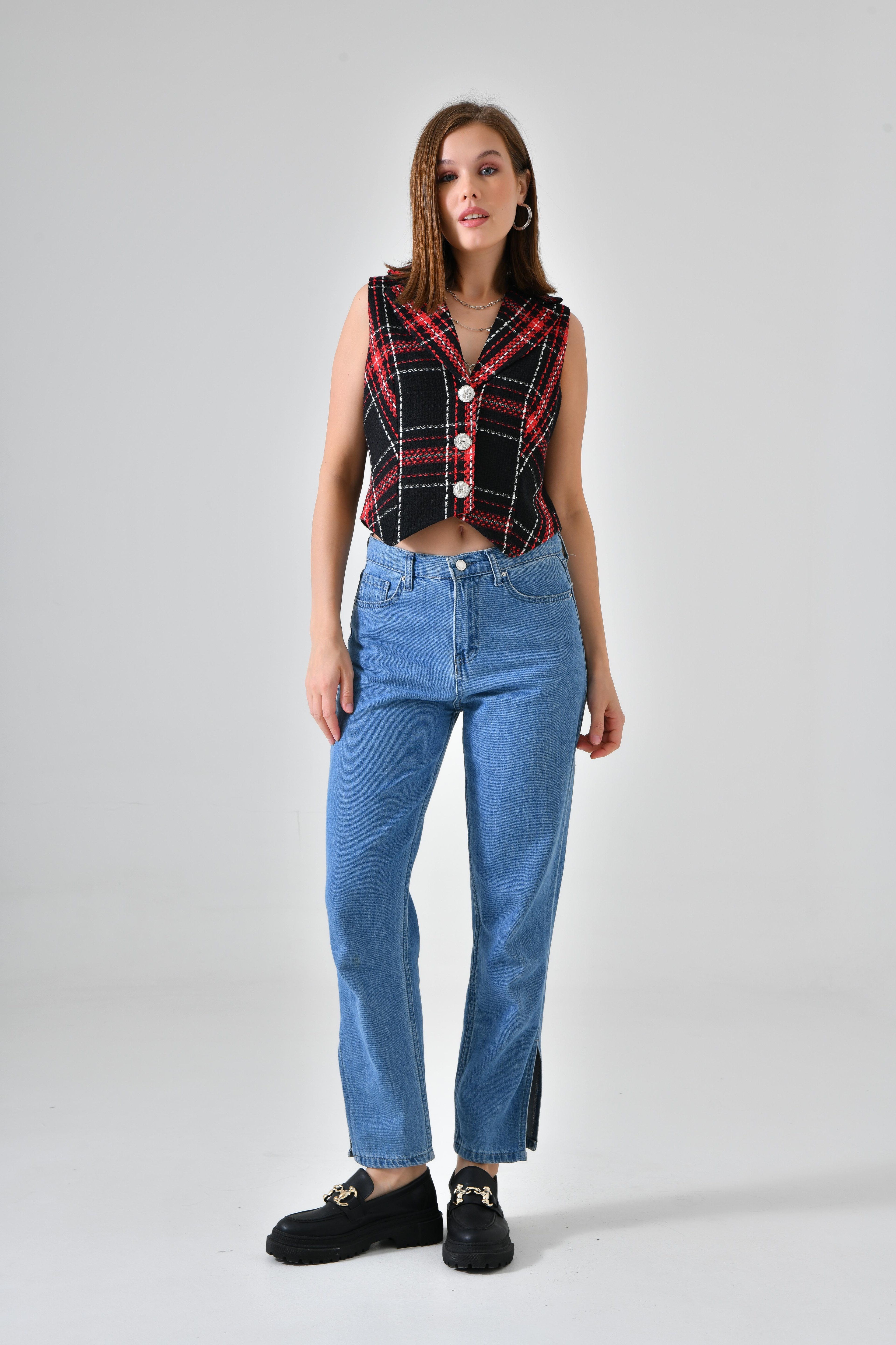 Ekoseli Fit Yelek - Siyah