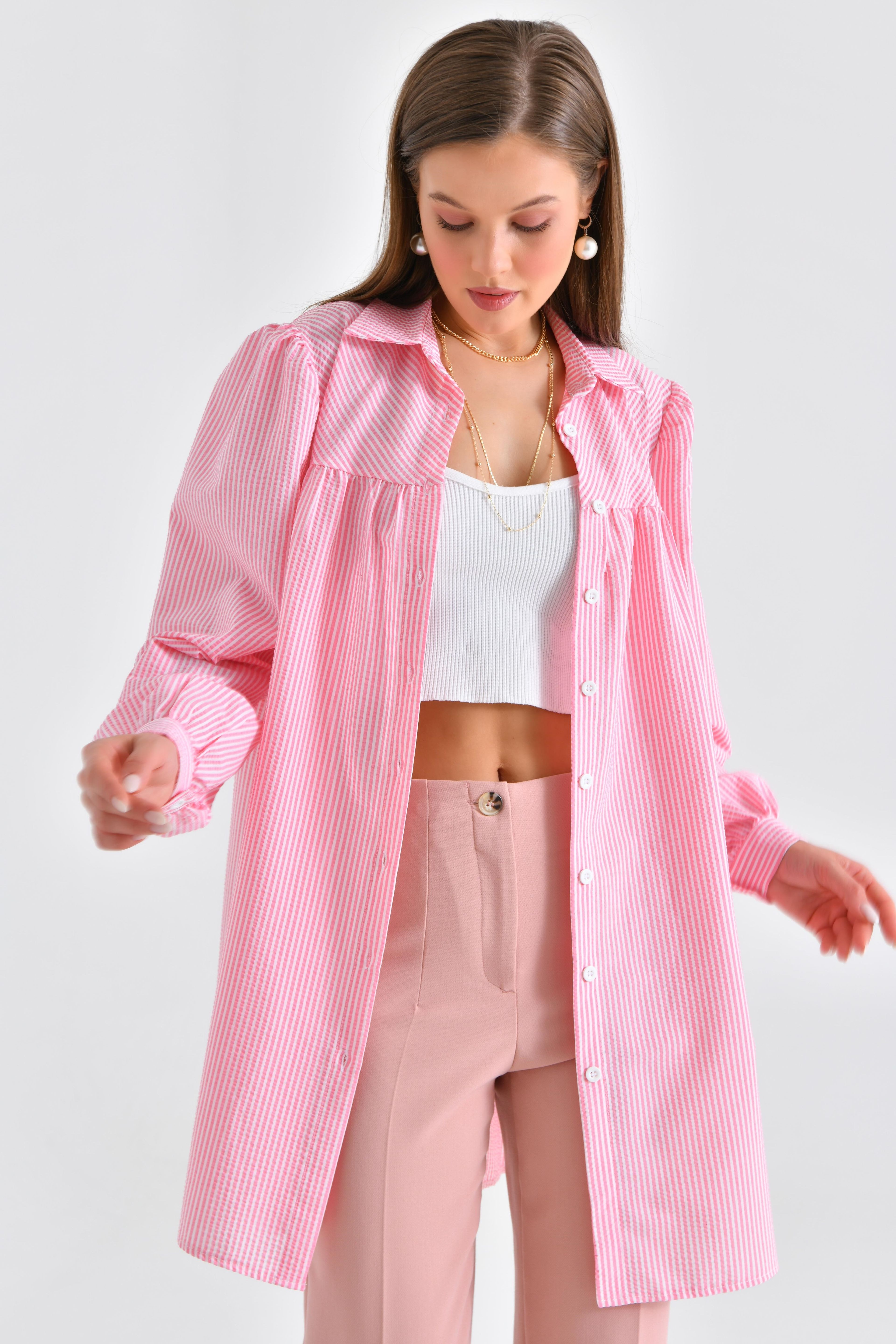 Çizgili Bürümcük Kumaş Verev Roba Ve Büzgü Detaylı - Pembe