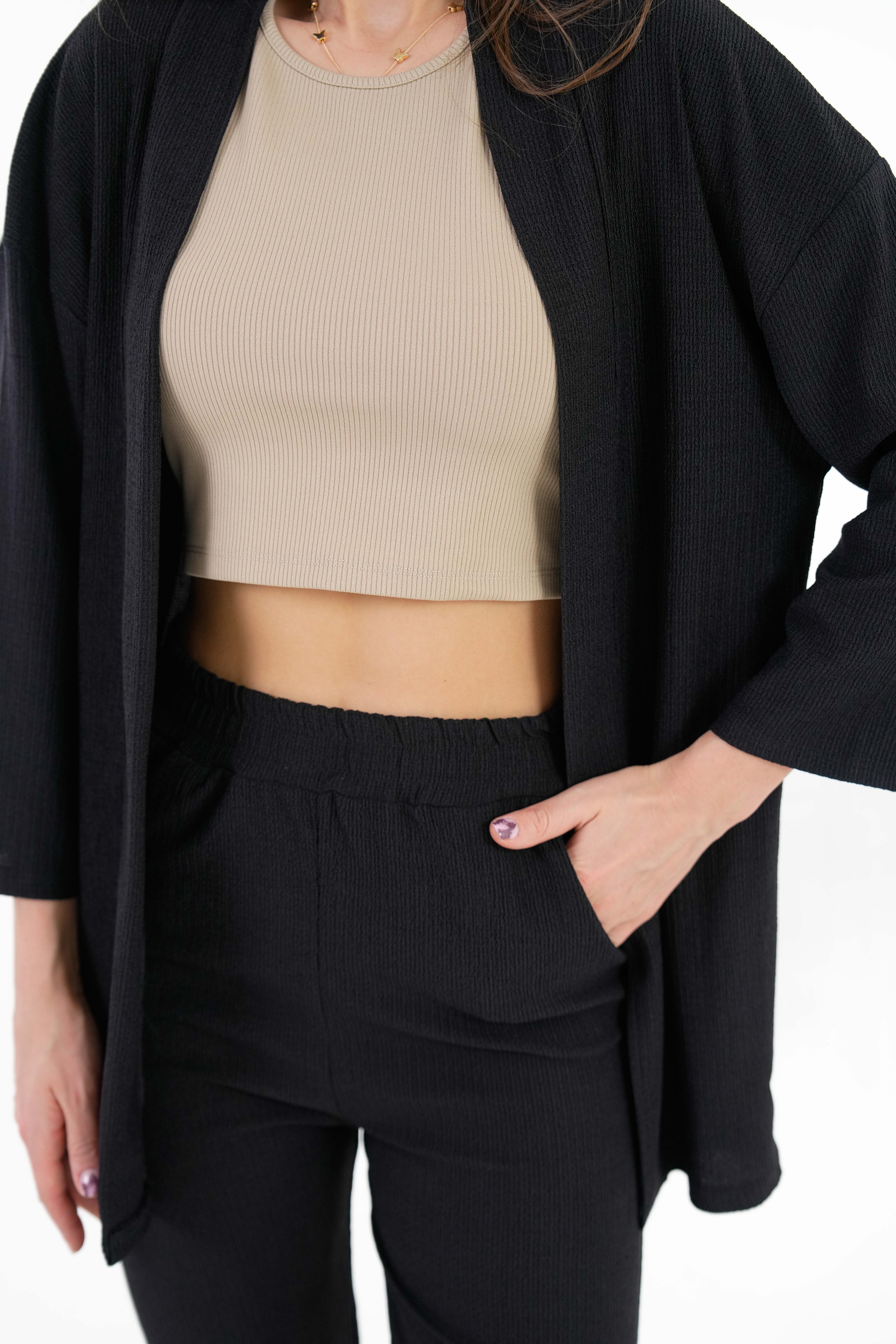 Kıraşlı Kumaş Kimono - Pantolon Örme Takım - Siyah