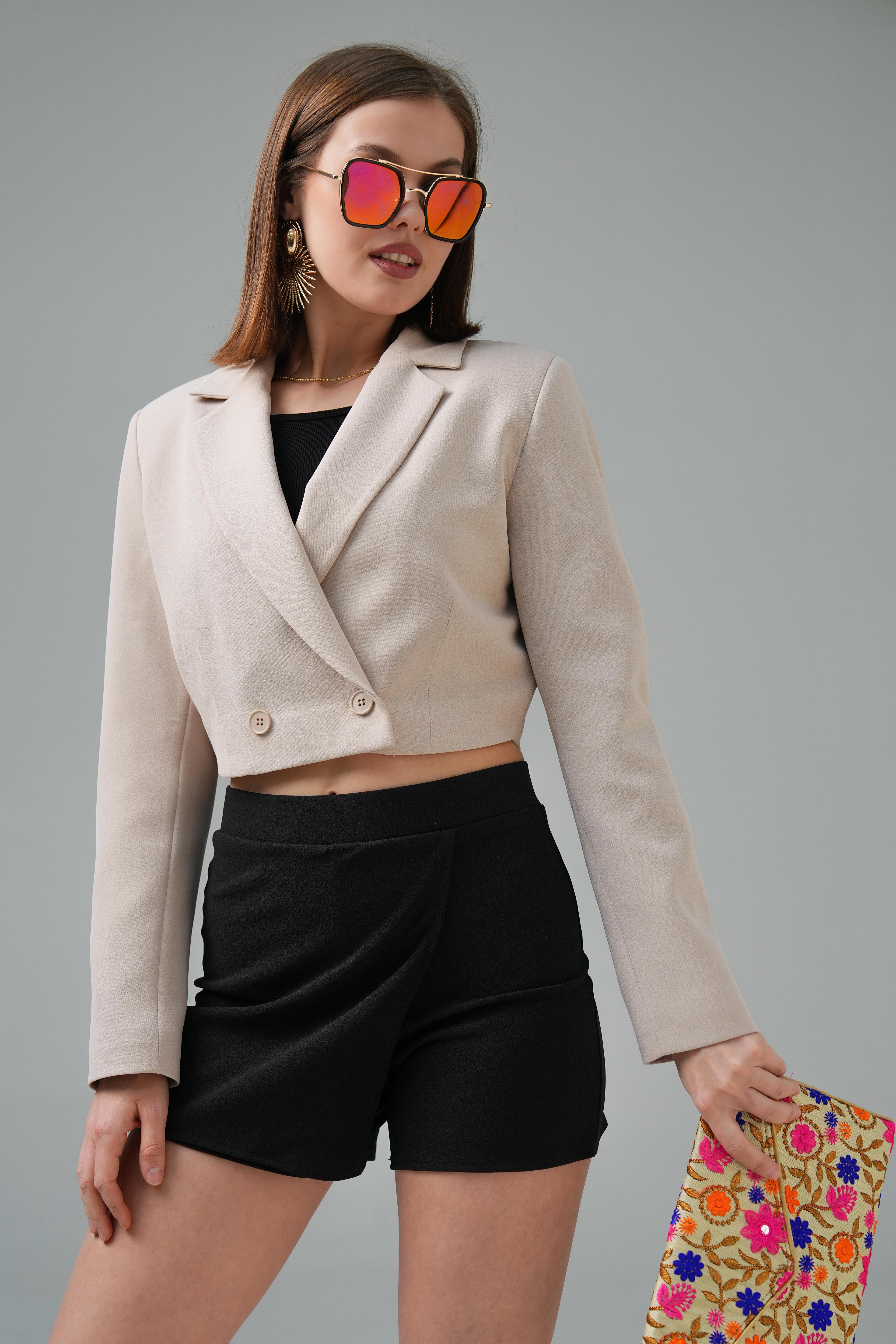 Kruvaze Crop Ceket - Bej