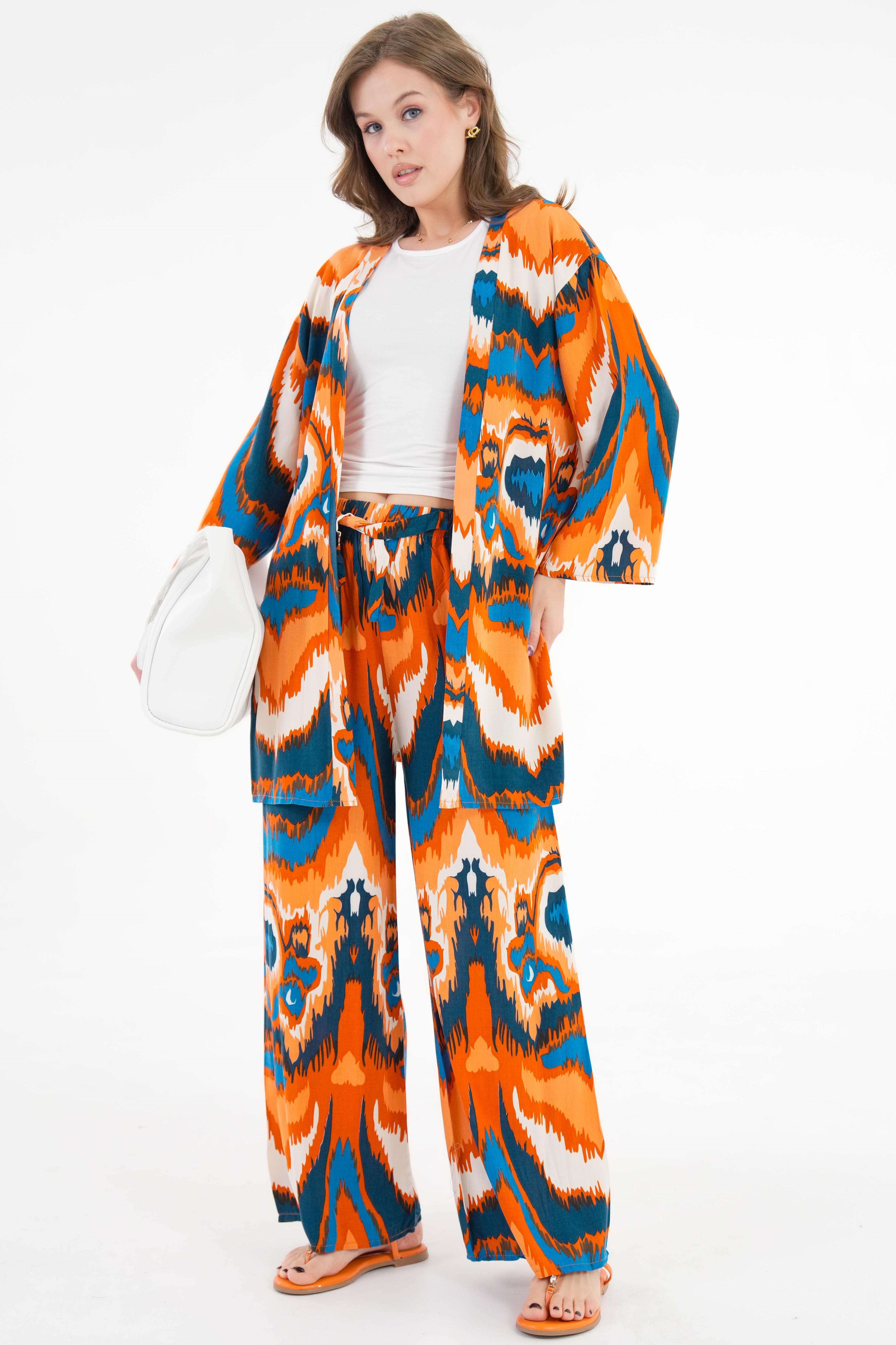 Desenli Kimono -Beli Lastikli Palazzo Pantolon Alt-Üst Takım - Turuncu