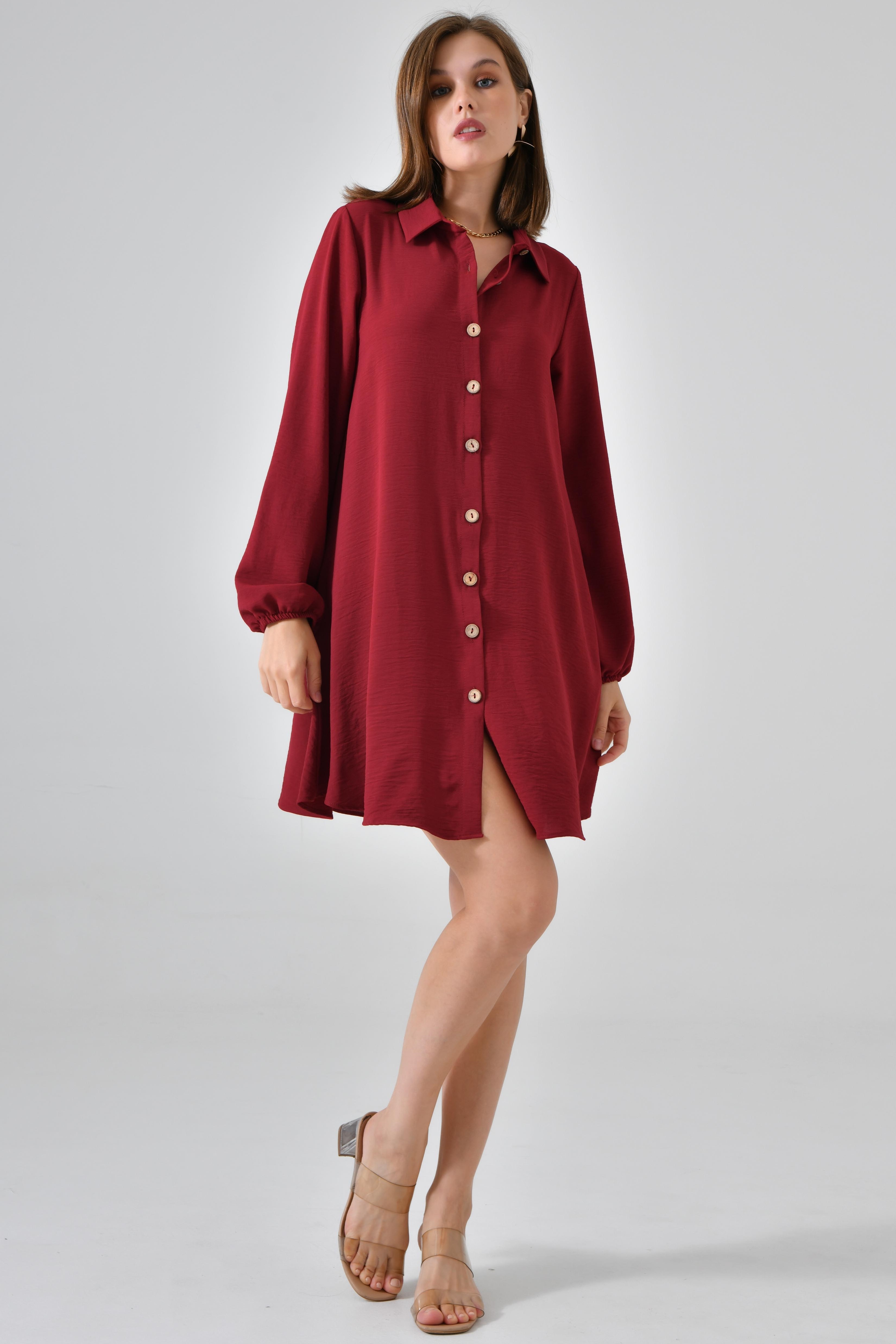 Ahşap Düğmeli Tunik - Bordo