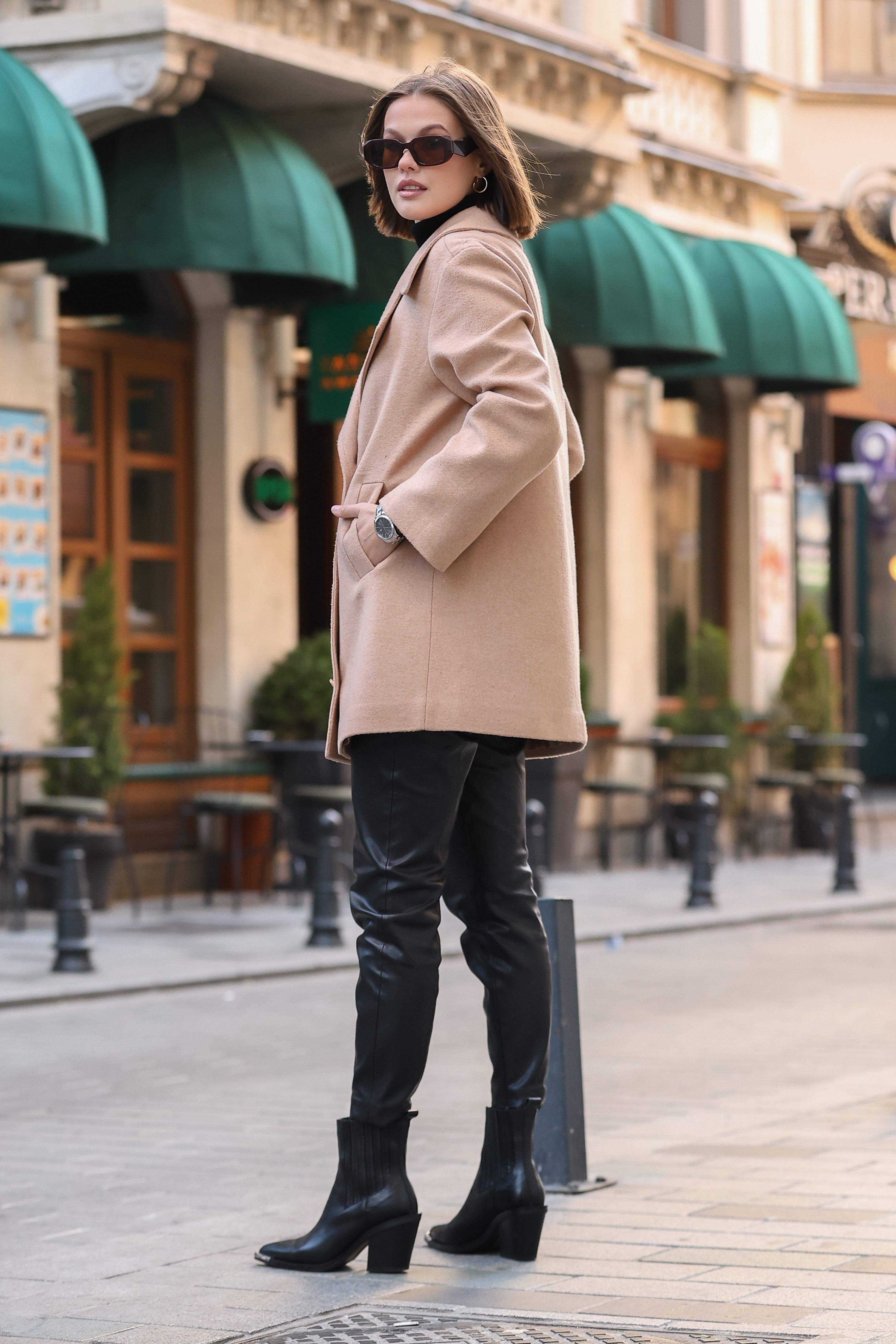 4 Düğme Kapama Oversize Kaşe Kaban