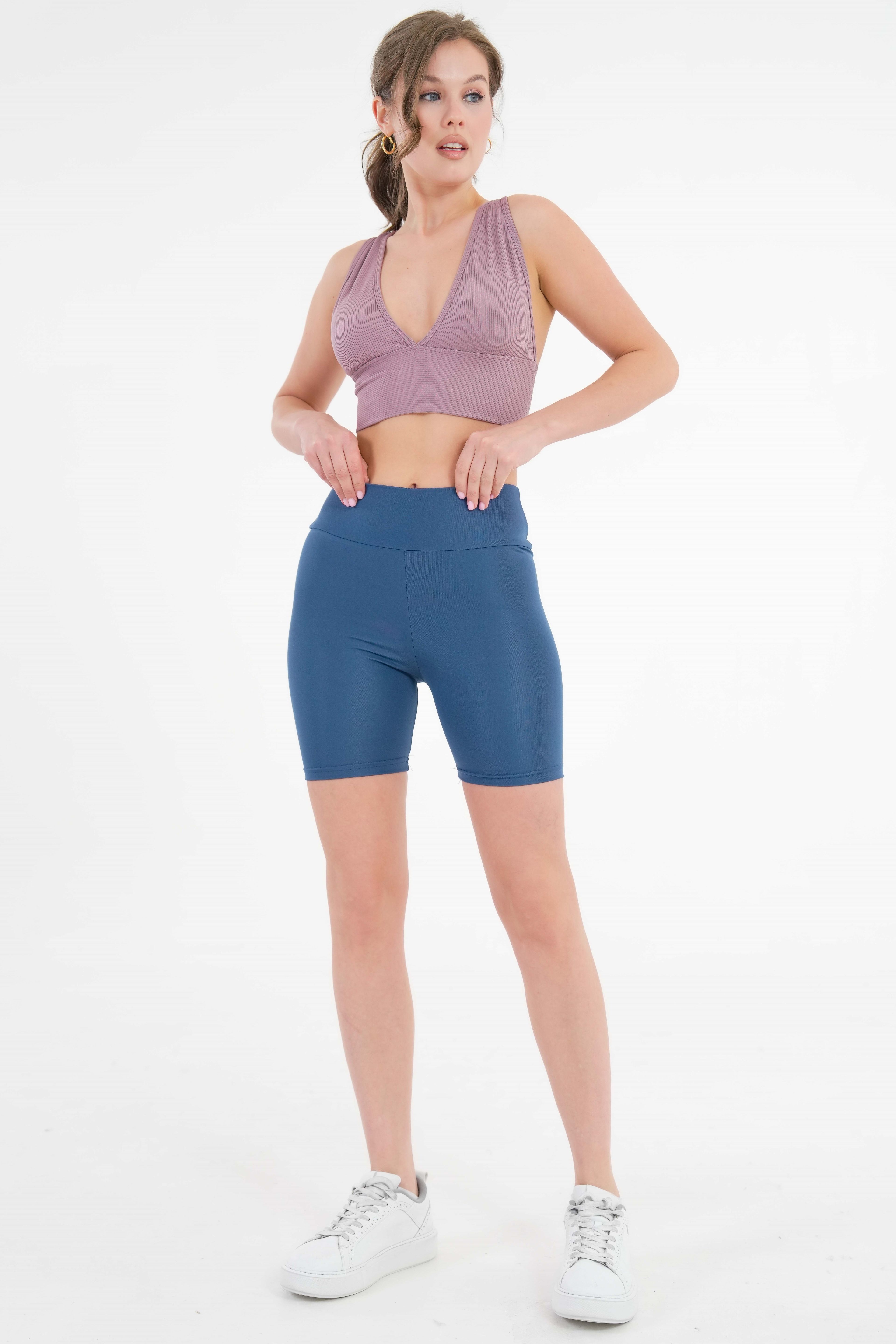 Dekolte V Yaka Fitilli Örme Seamless Pamuk Crop Büstiyer - Pedli Sporcu Sütyeni - Mor