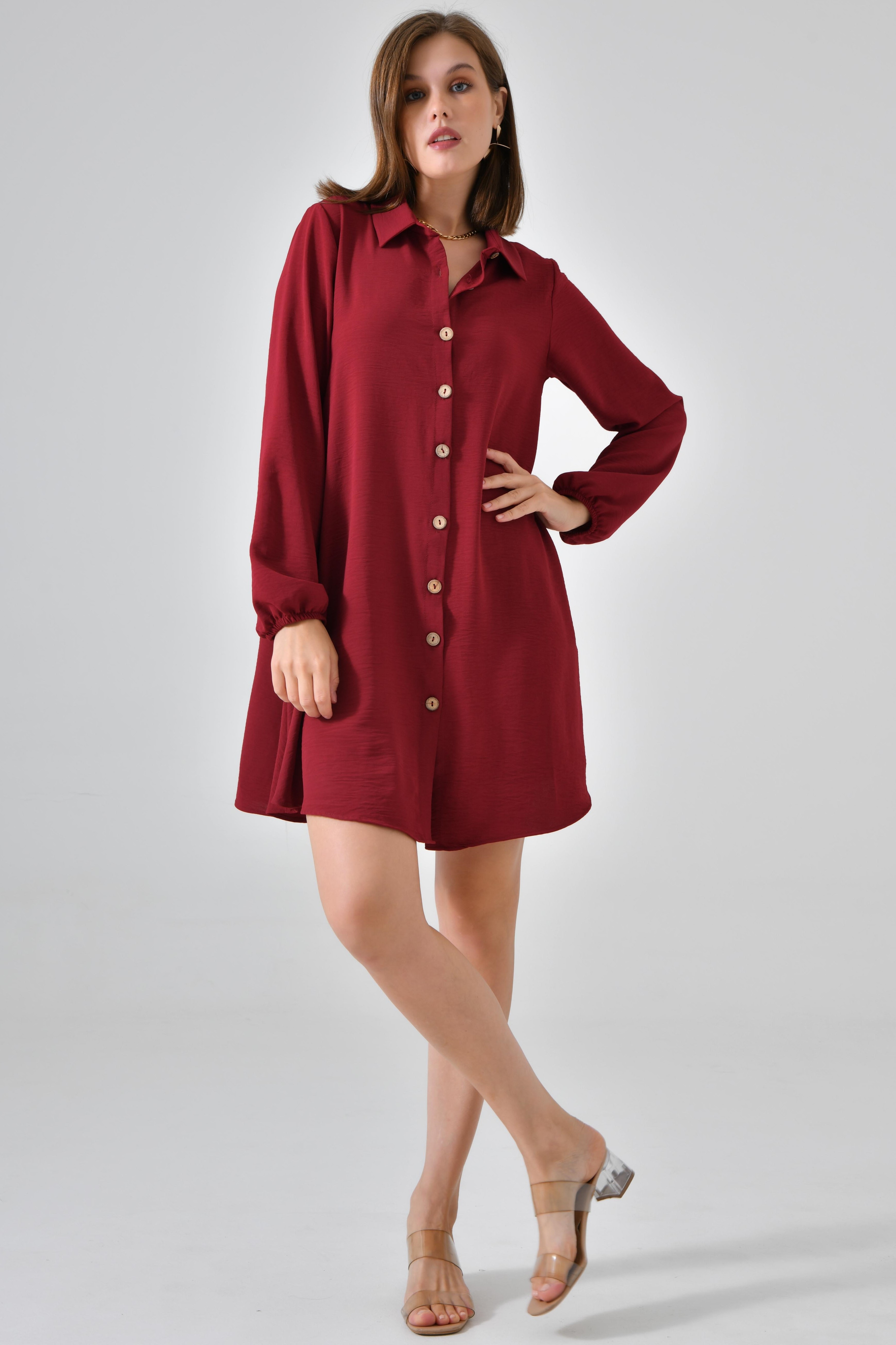 Ahşap Düğmeli Tunik - Bordo