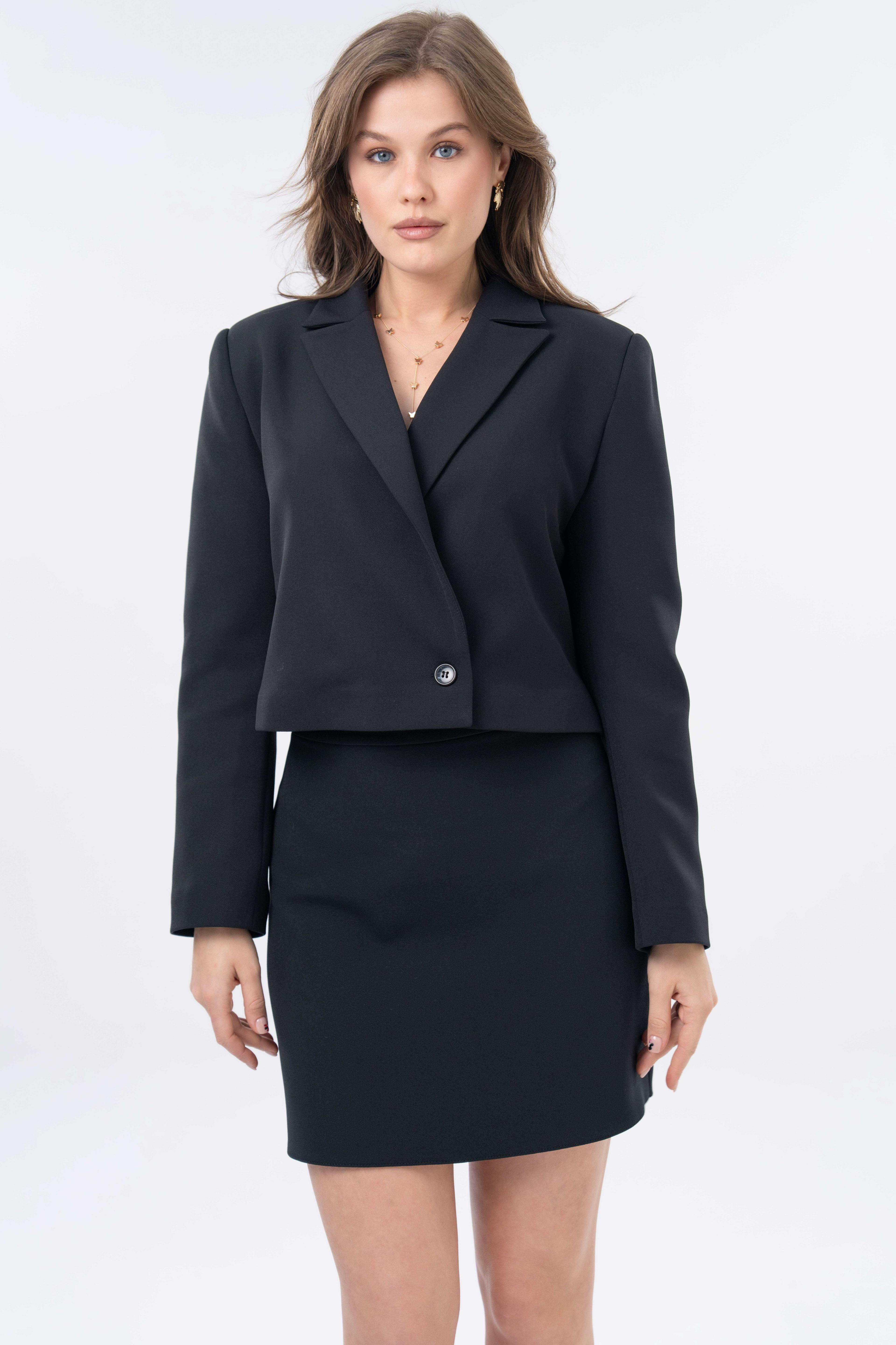 Kruvaze Crop Blazer Ceket - Etek Dokuma Alt-Üst Takım