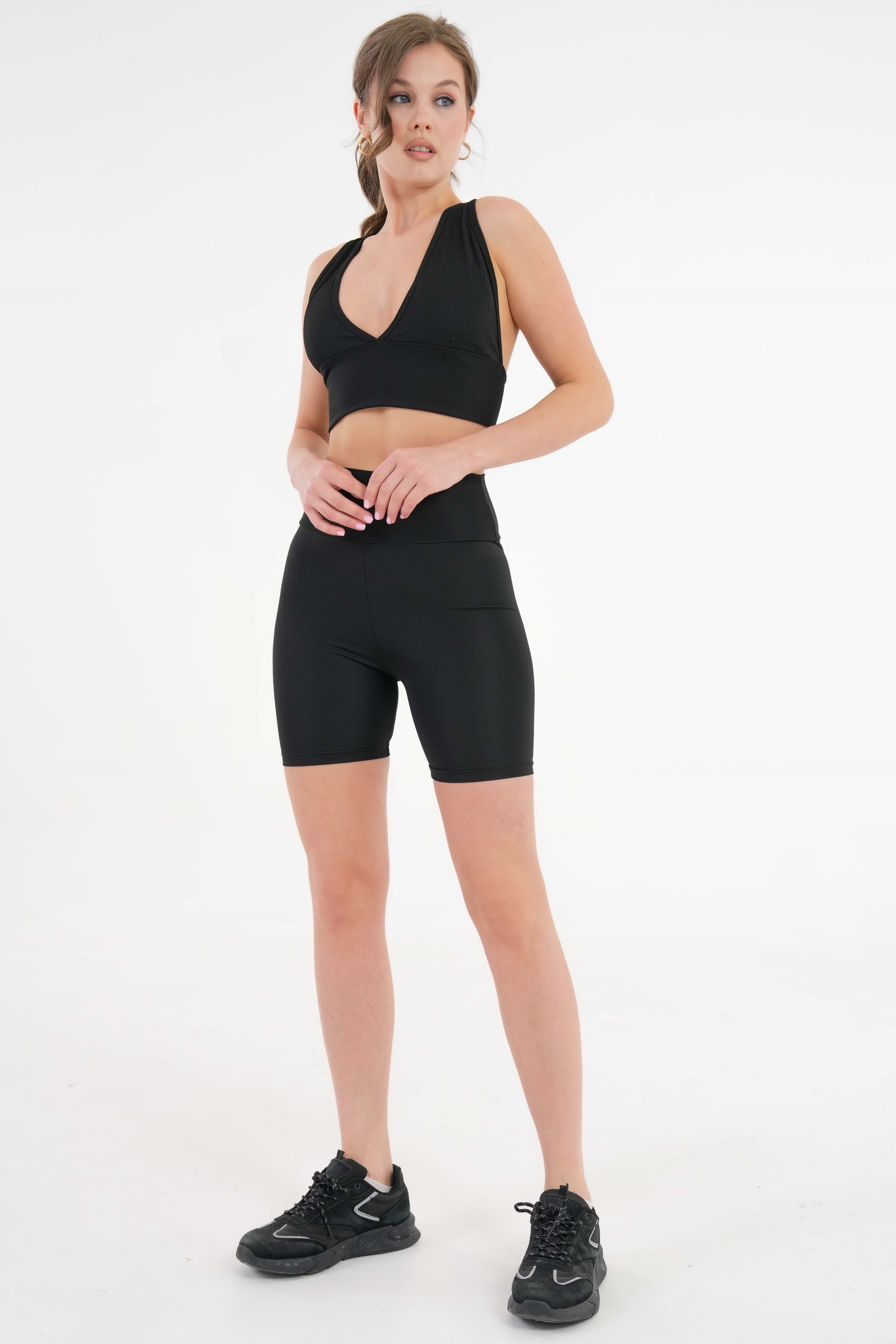 Dekolte V Yaka Fitilli Örme Seamless Pamuk Crop Büstiyer - Pedli Sporcu Sütyeni - Siyah