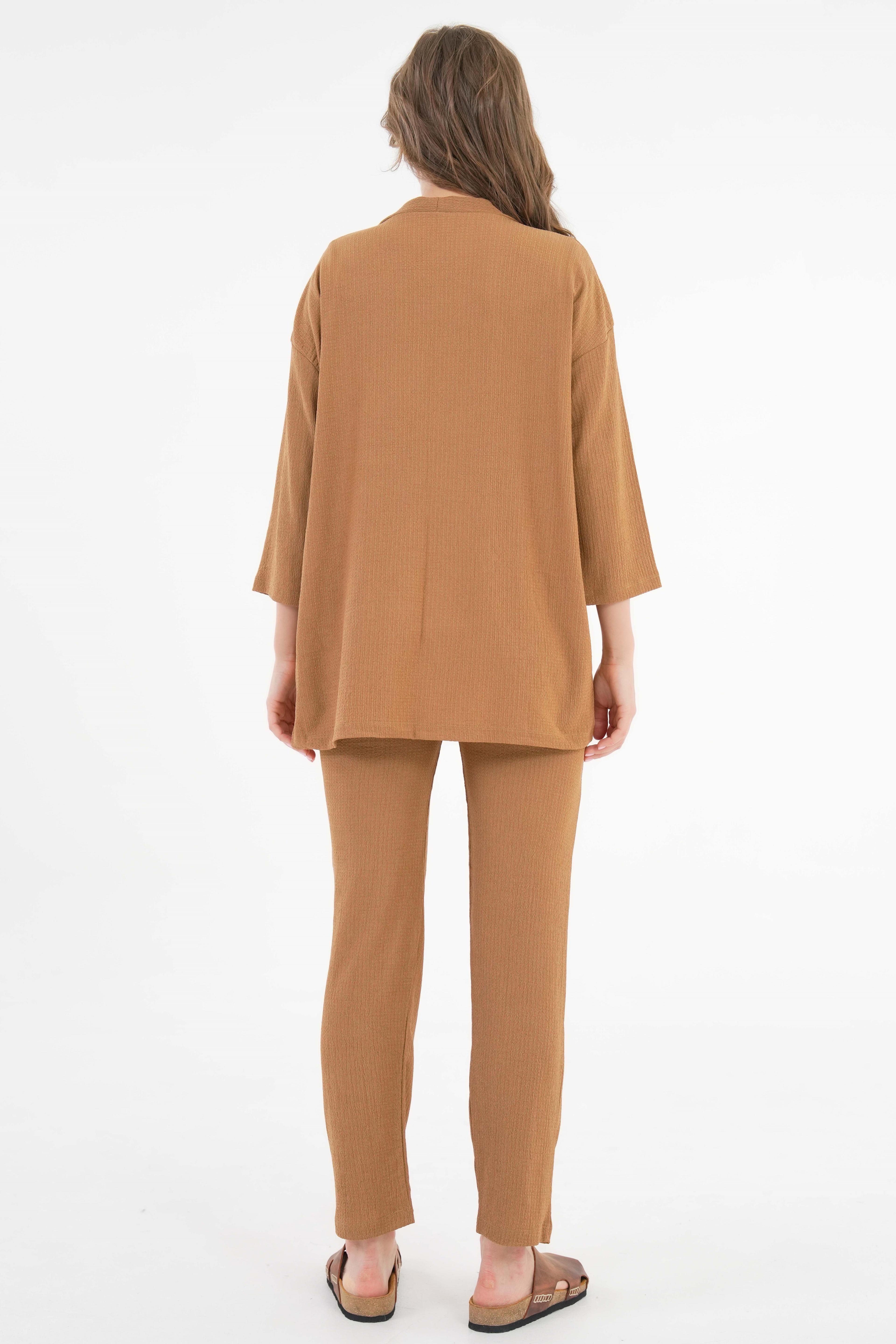Kıraşlı Kumaş Kimono - Pantolon Örme Takım - Kamel