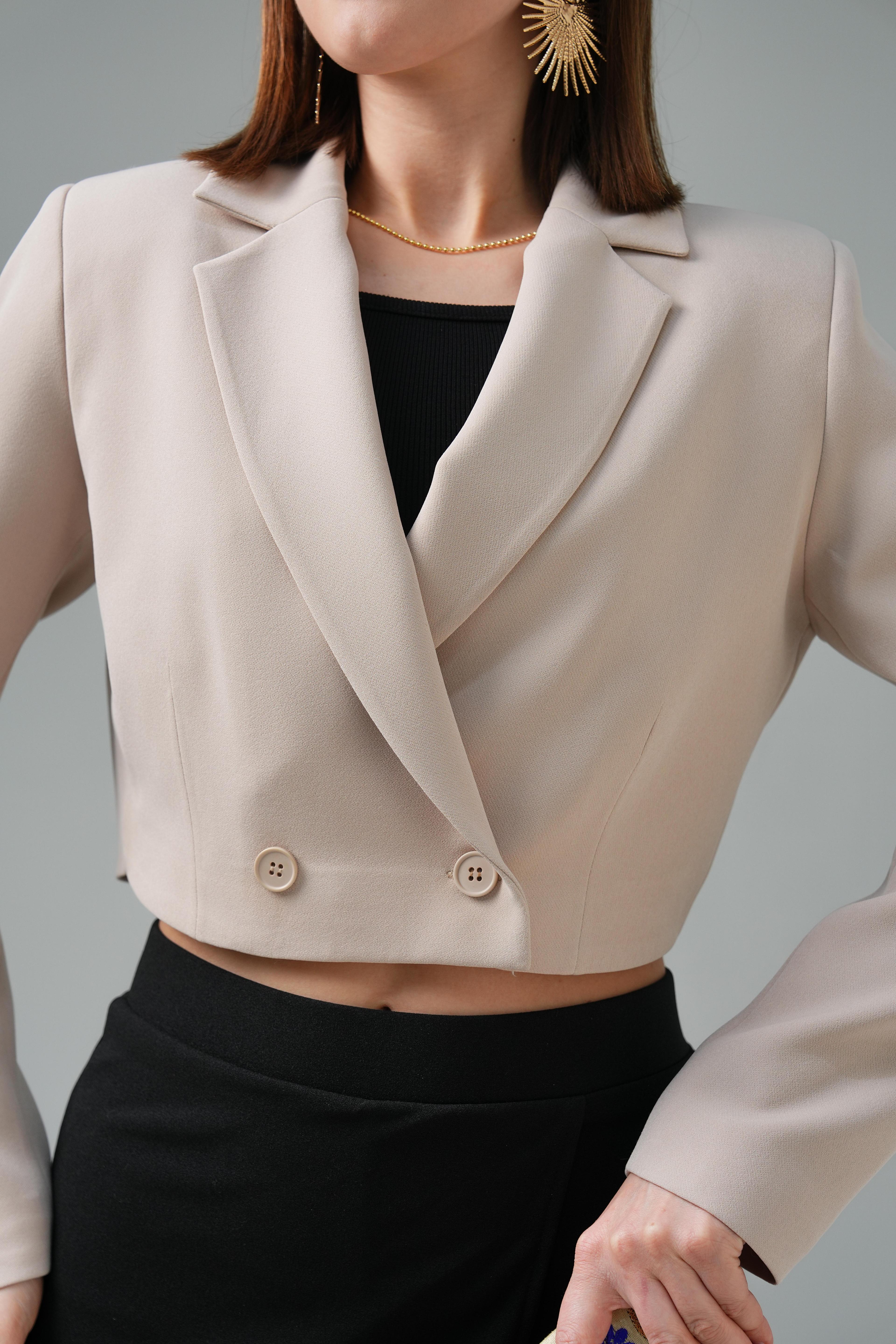 Kruvaze Crop Ceket - Bej