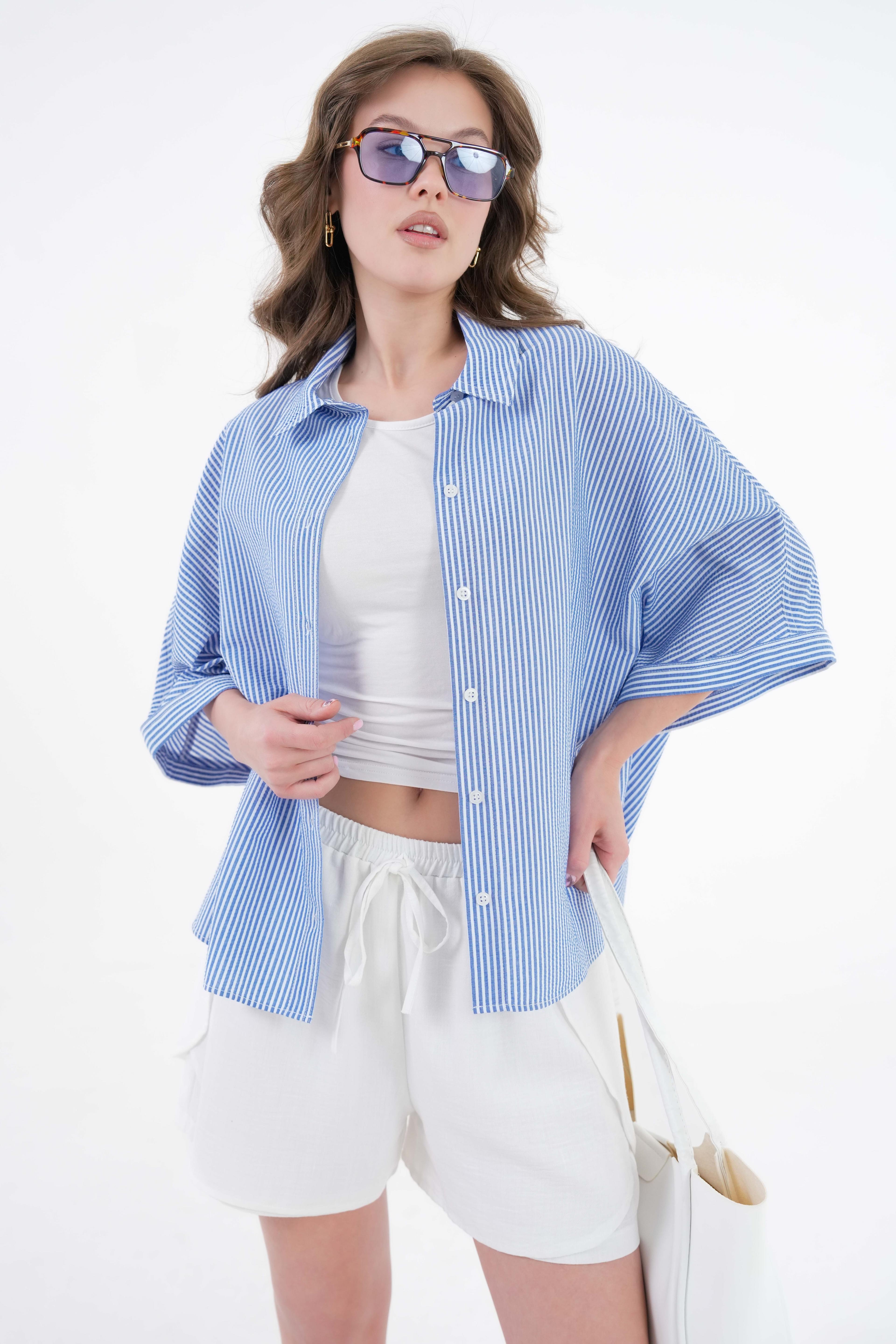 Çizgili Oversize Dokuma Basic Gömlek - Mavi