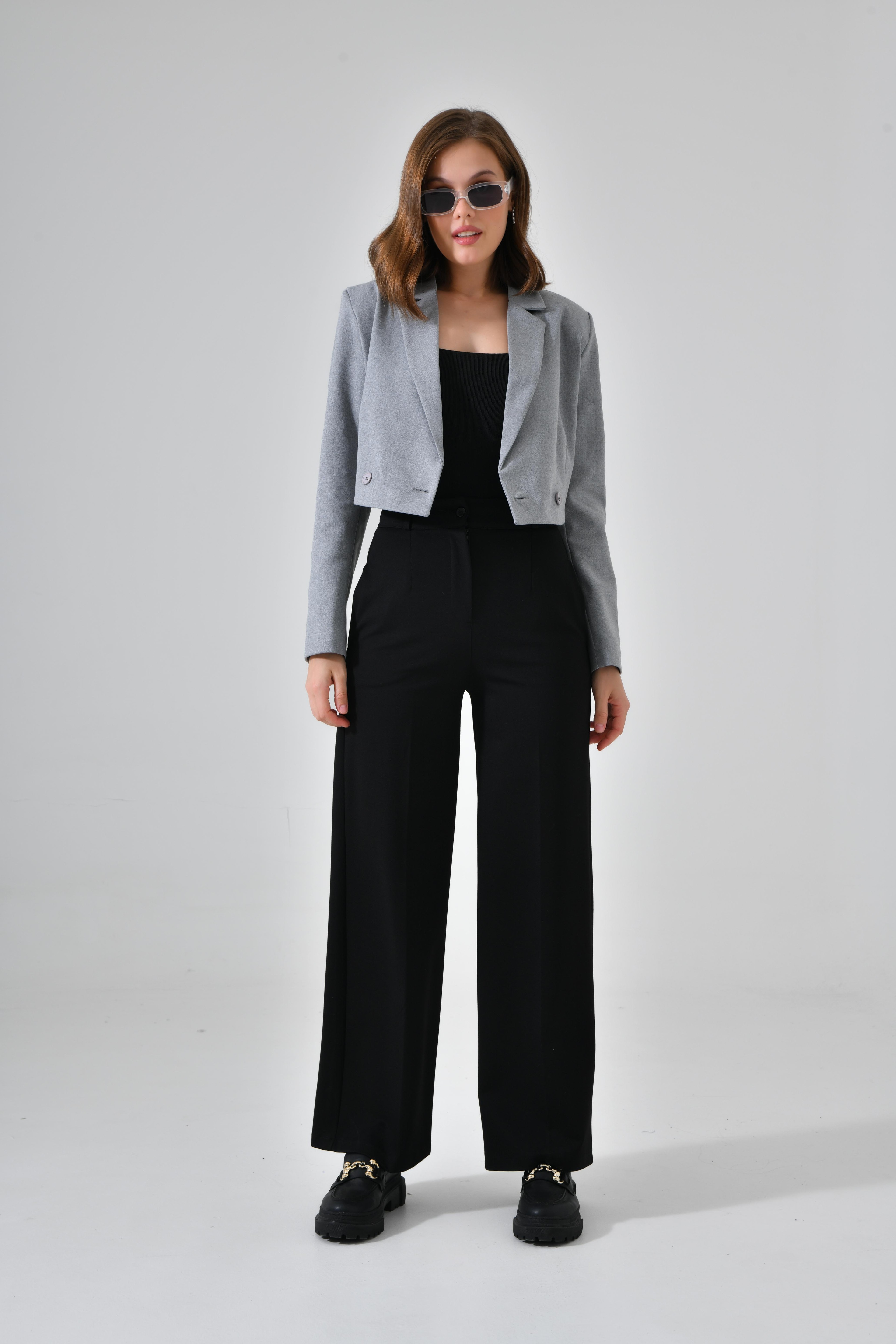 Kruvaze Crop Ceket - Gri