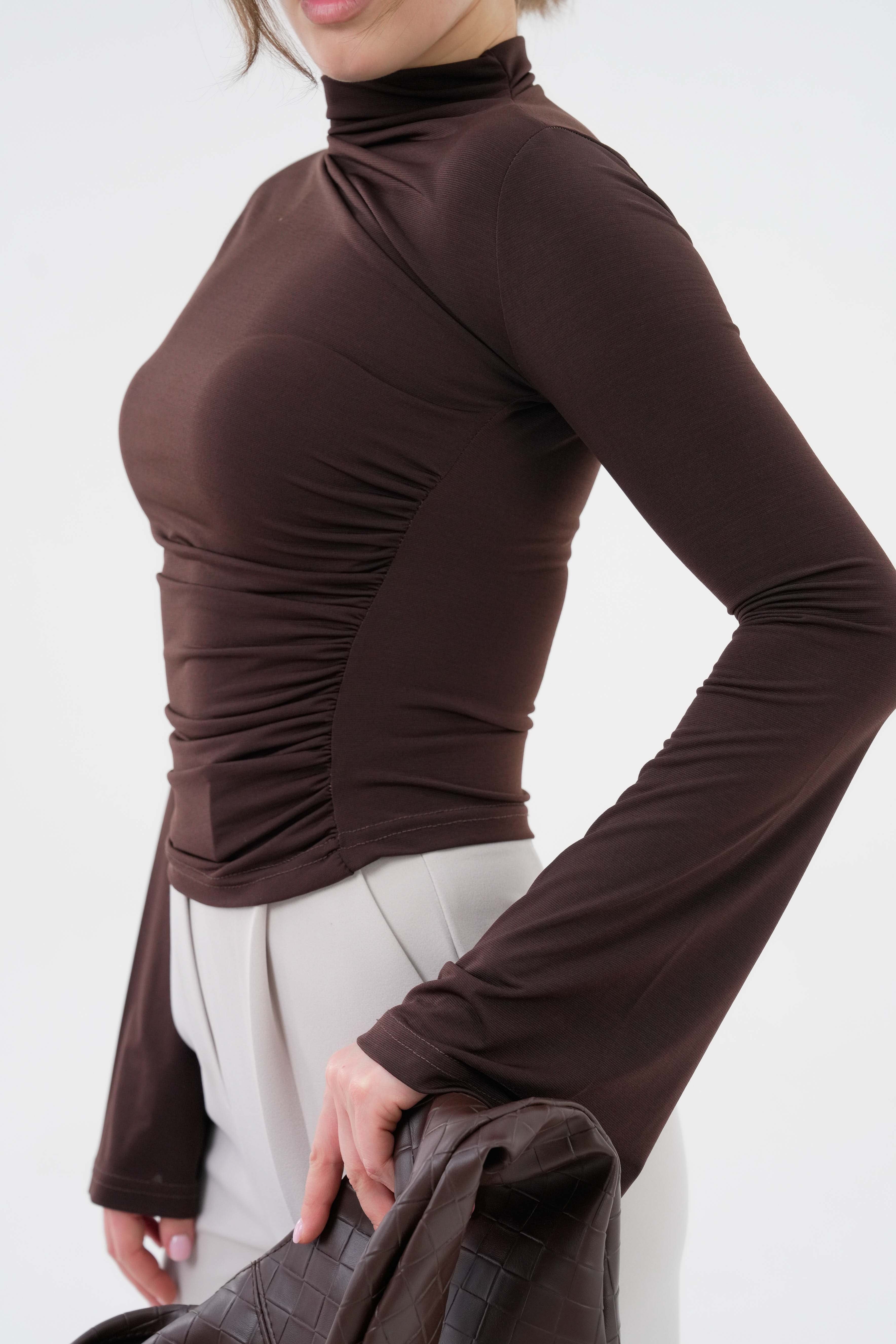 Yanı Drape Büzgülü Likralı Örme Bluz - Kahverengi