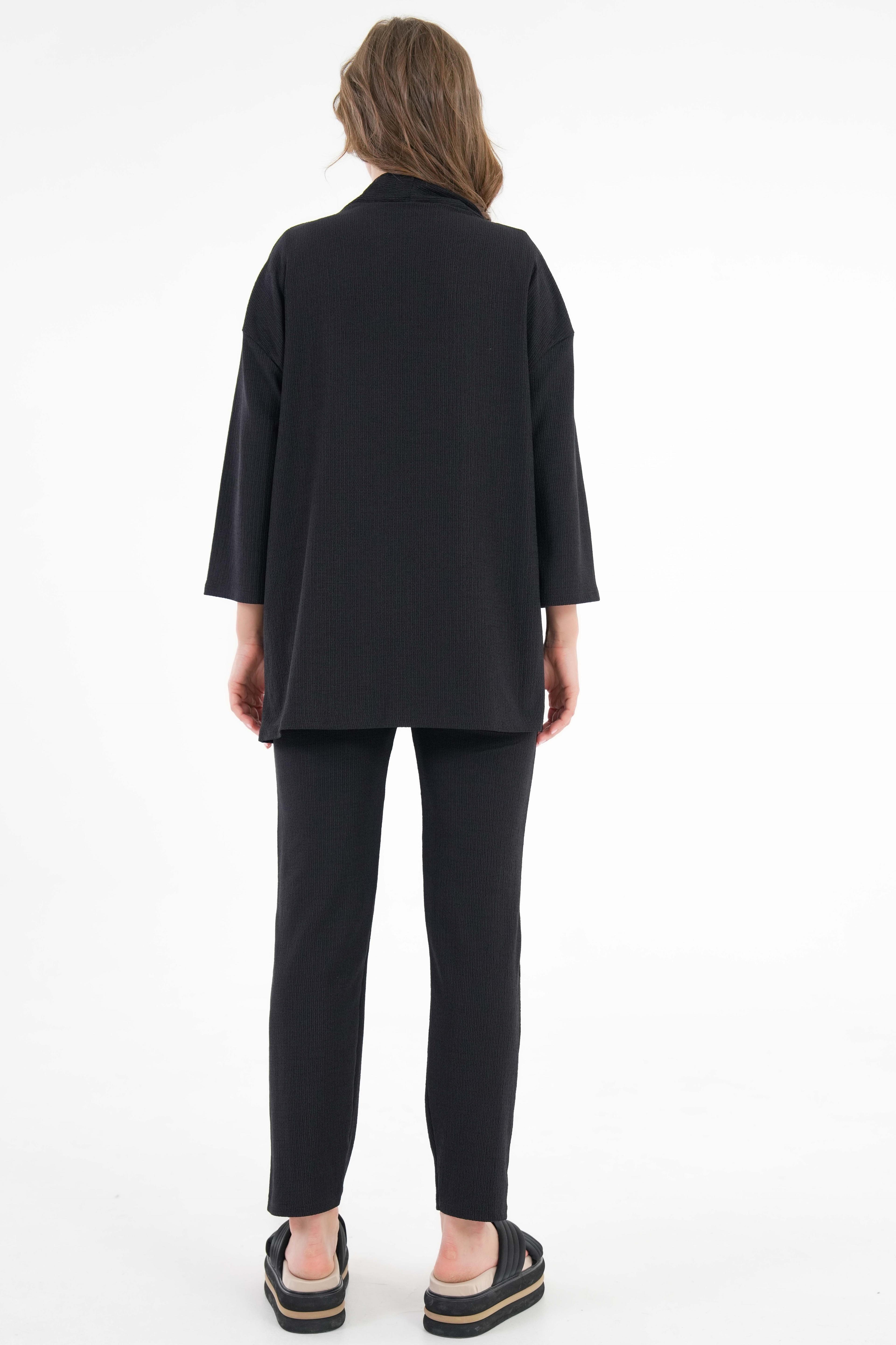 Kıraşlı Kumaş Kimono - Pantolon Örme Takım - Siyah
