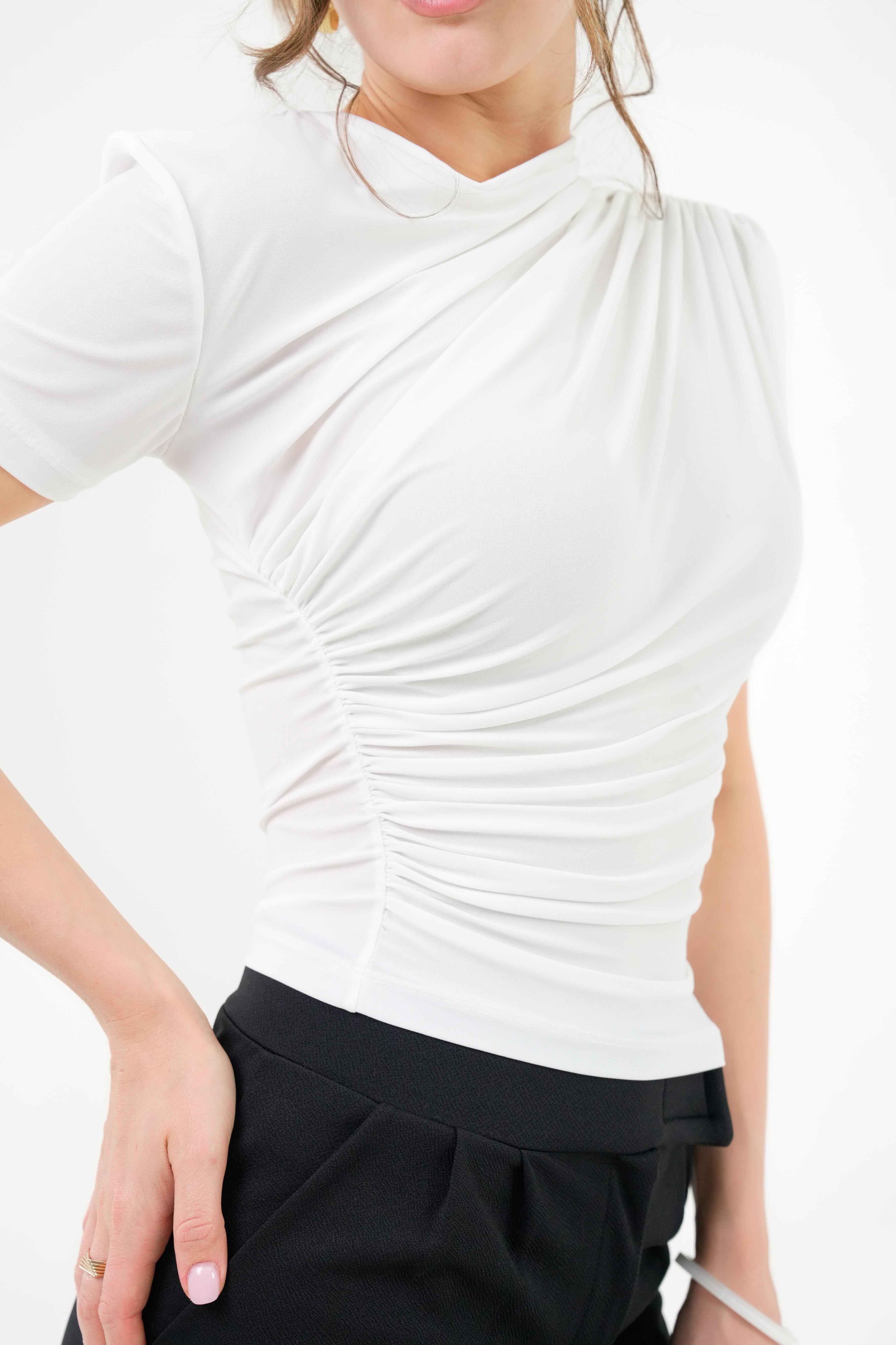 Omuz ve Beli Drape Büzgülü Likralı Örme Bluz