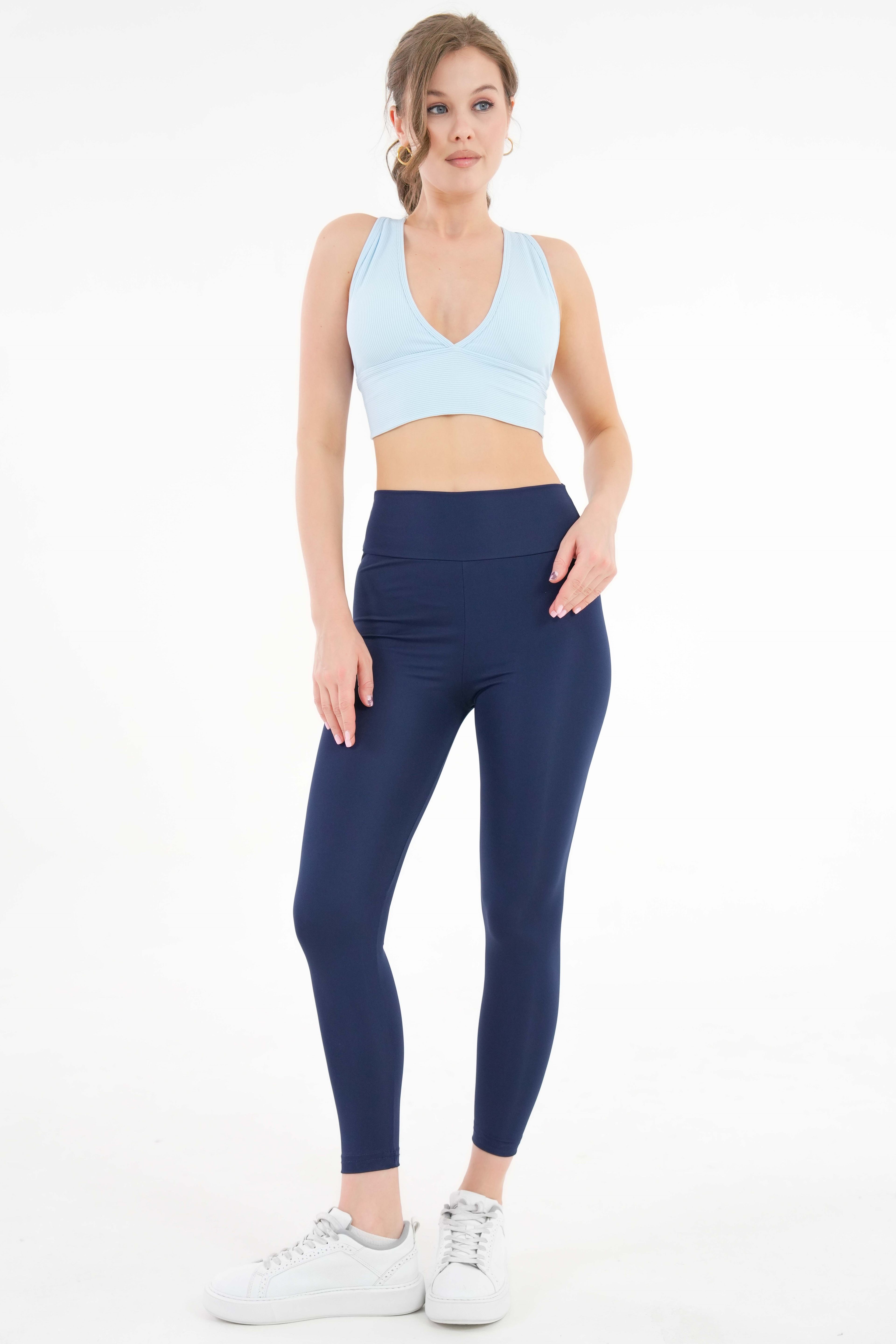 Dekolte V Yaka Fitilli Örme Seamless Pamuk Crop Büstiyer - Pedli Sporcu Sütyeni - Mavi