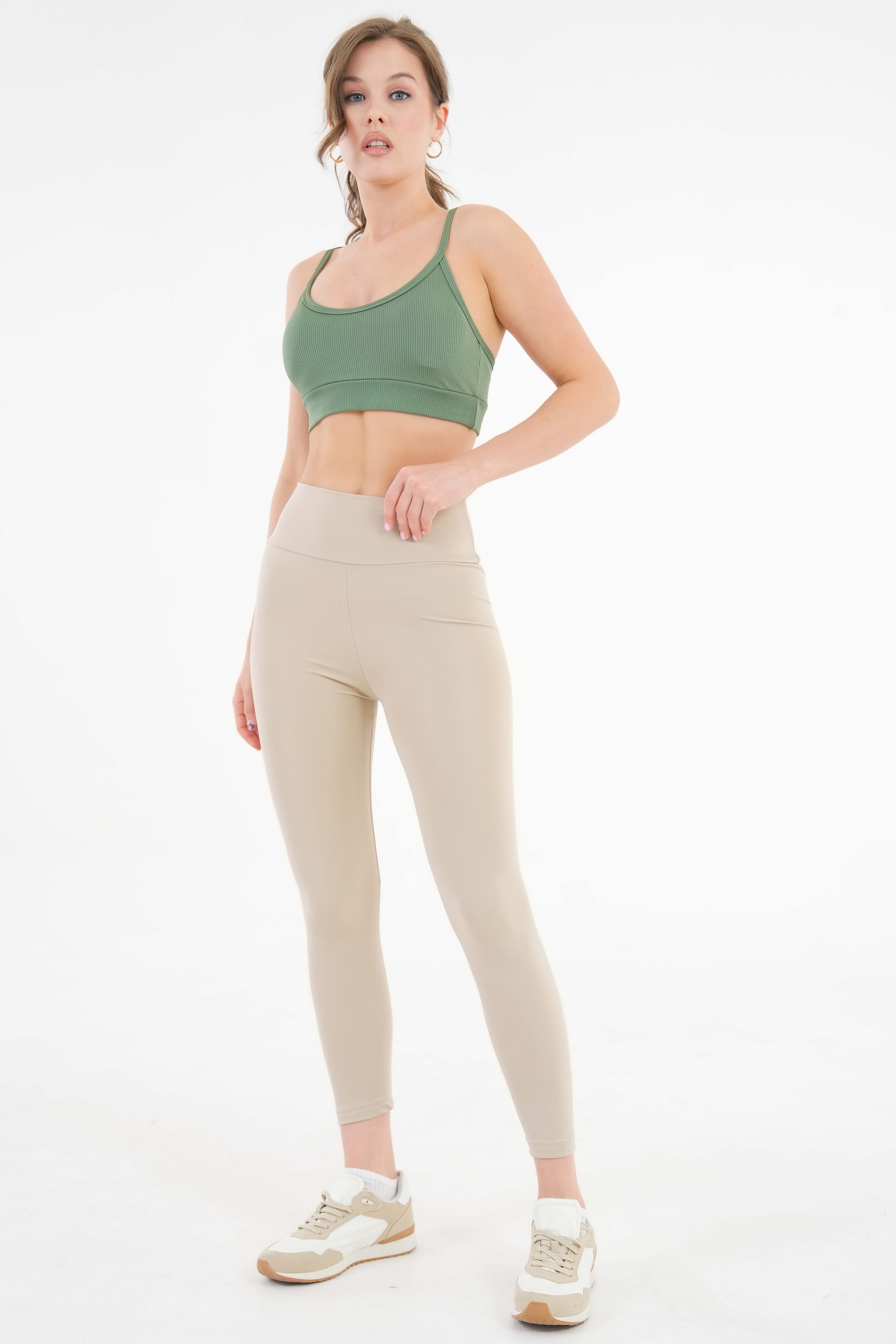 U Yaka İp Askılı Fitilli Basic Örme Crop Büstiyer - Haki
