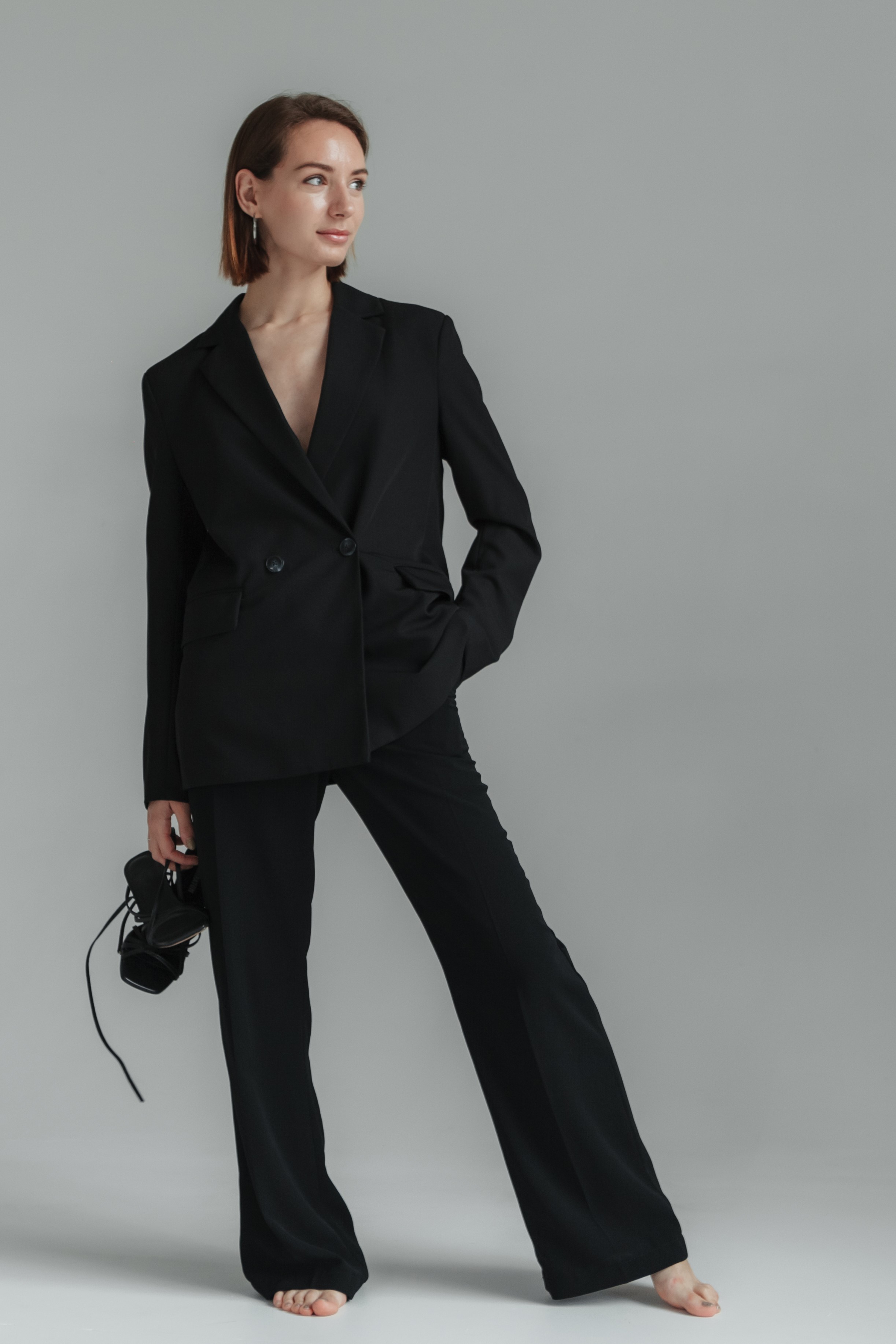 Çift Düğme Kapama Blazer Ceket-Pantolon Dokuma Alt-Üst Takım
