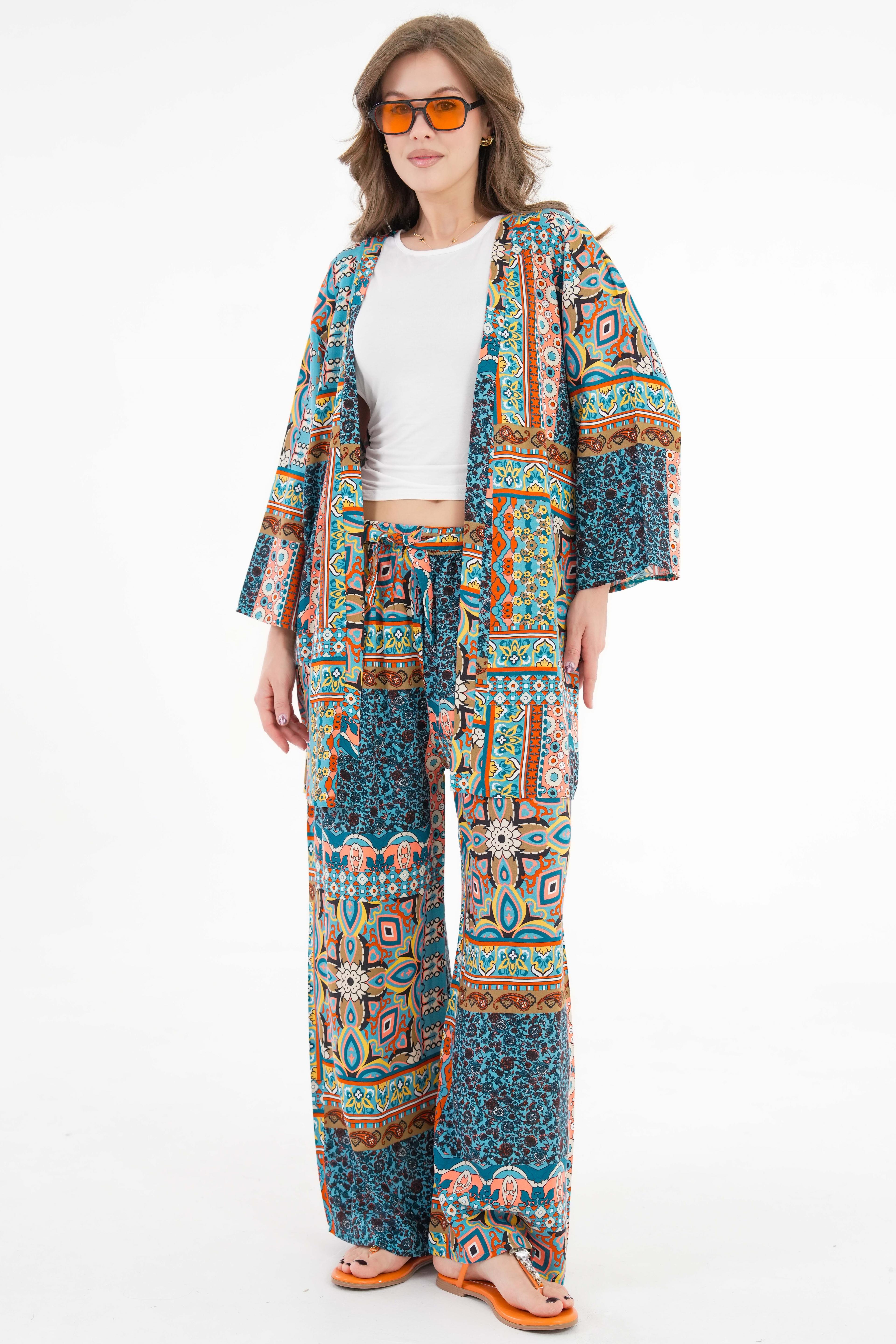 Desenli Kimono -Beli Lastikli Palazzo Pantolon Alt-Üst Takım