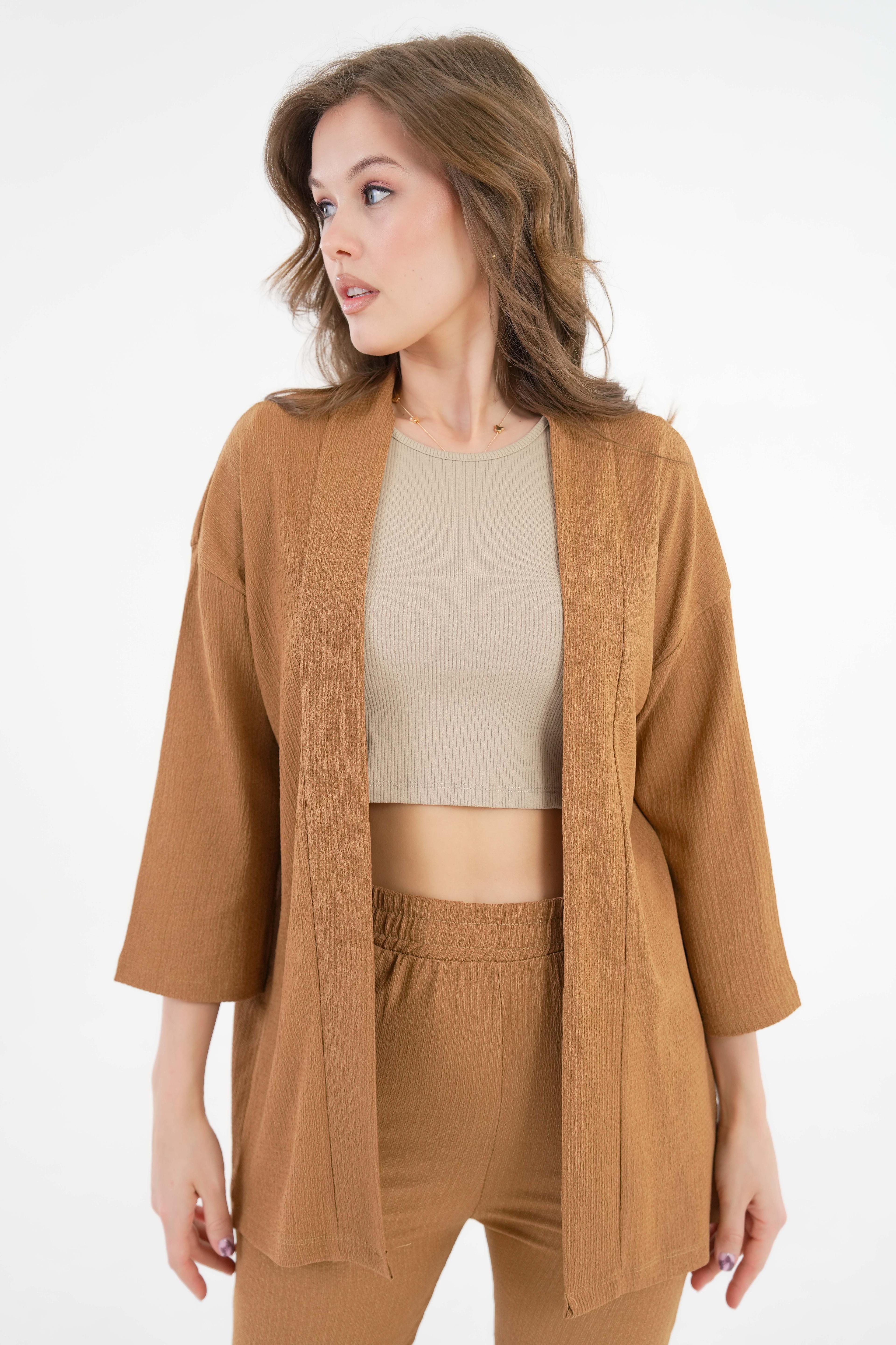 Kıraşlı Kumaş Kimono - Pantolon Örme Takım - Kamel