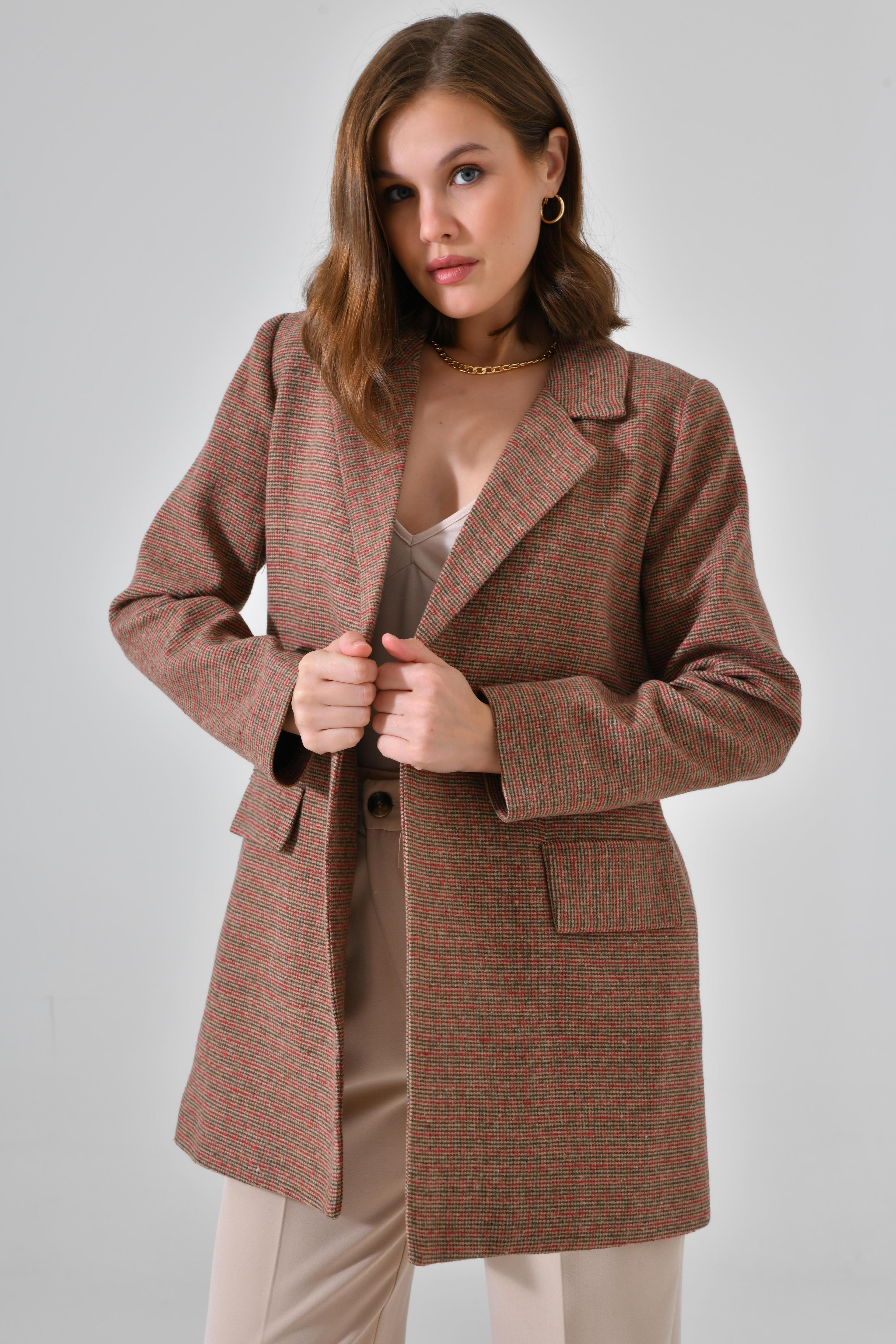 Premium Kuşaklı Cep Detaylı Blazer Dokuma Ceket - Kahverengi