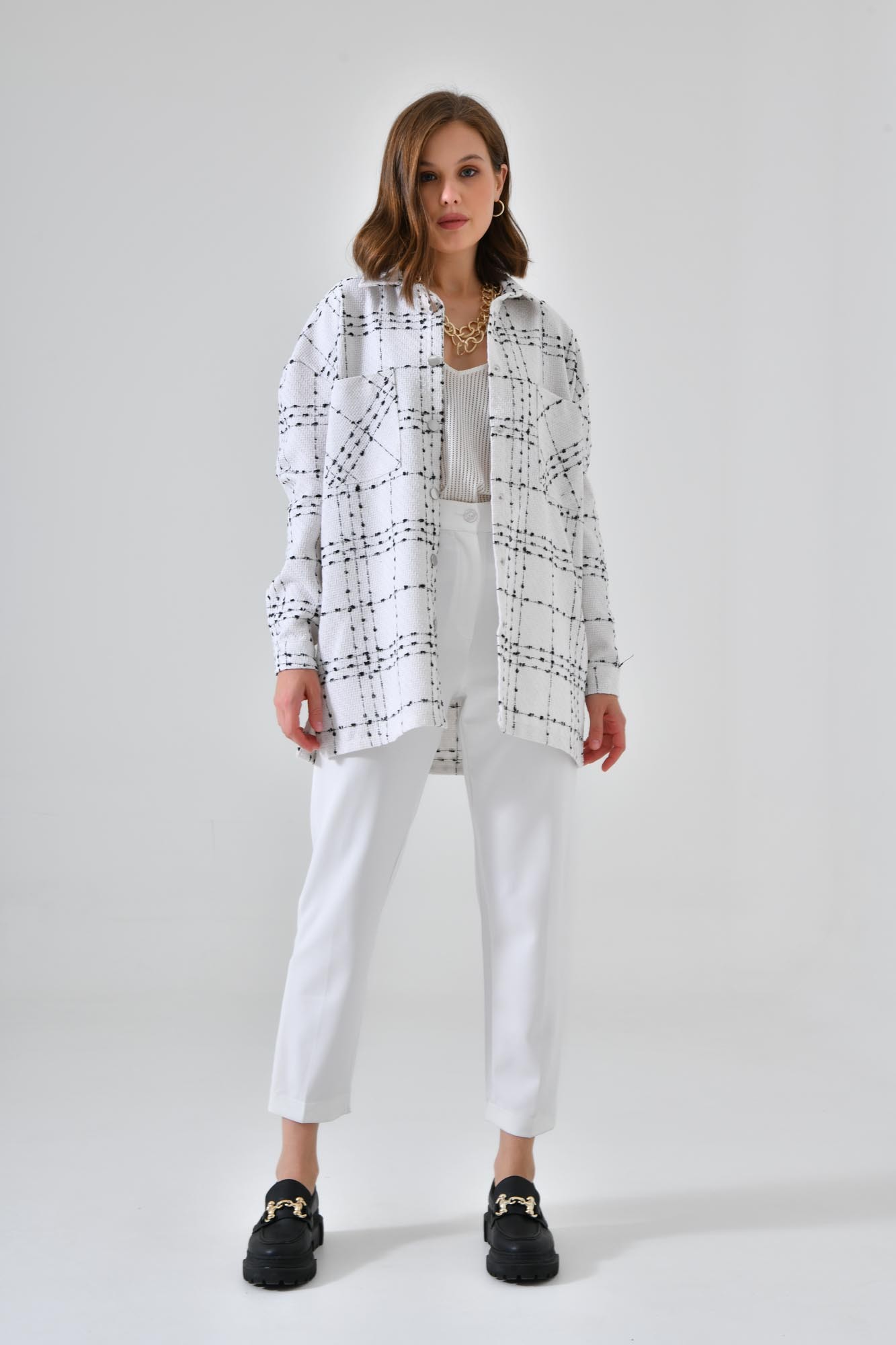 Çıtçıtlı Oversize Çift Cepli Ekoseli Gömlek