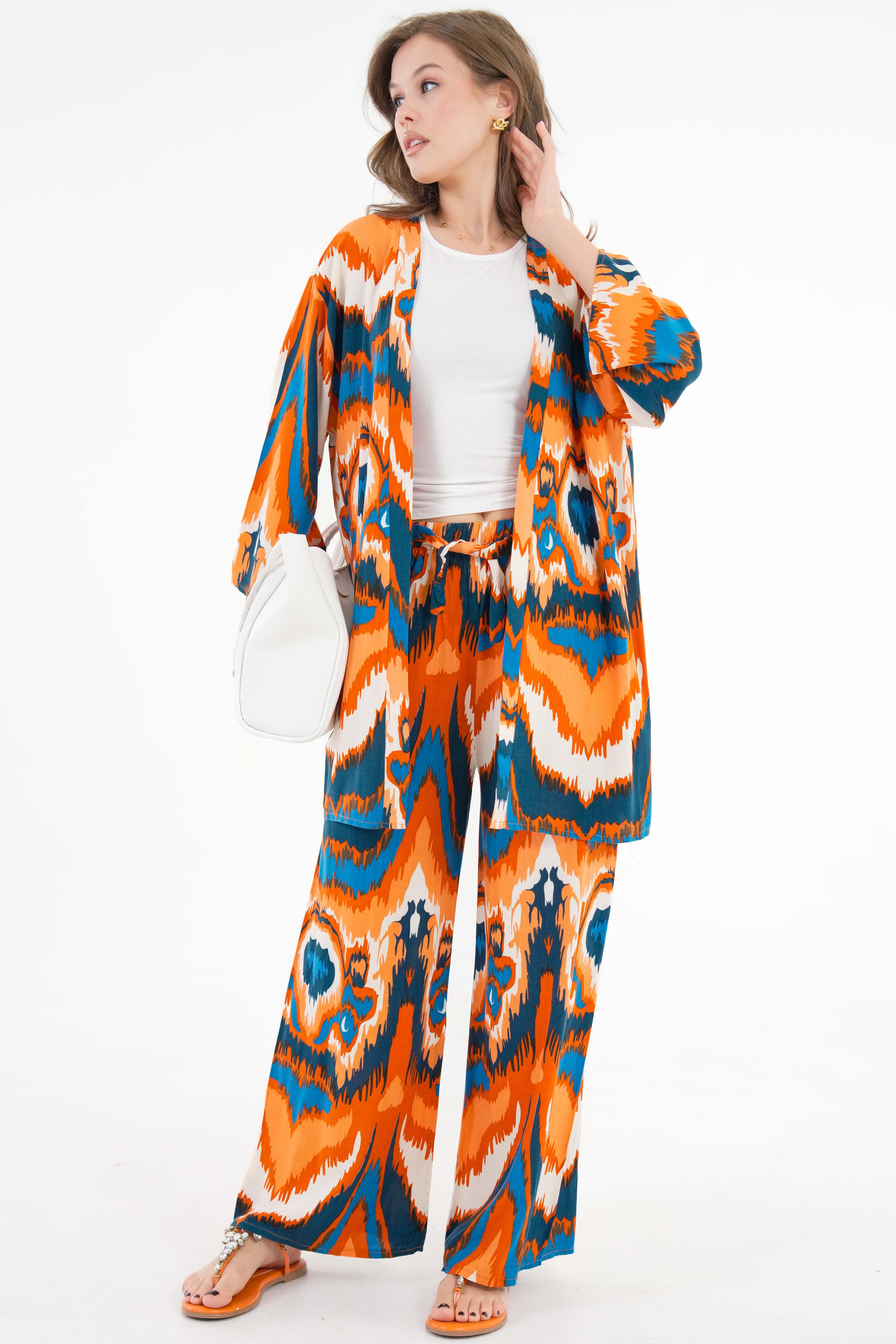 Desenli Kimono -Beli Lastikli Palazzo Pantolon Alt-Üst Takım - Turuncu