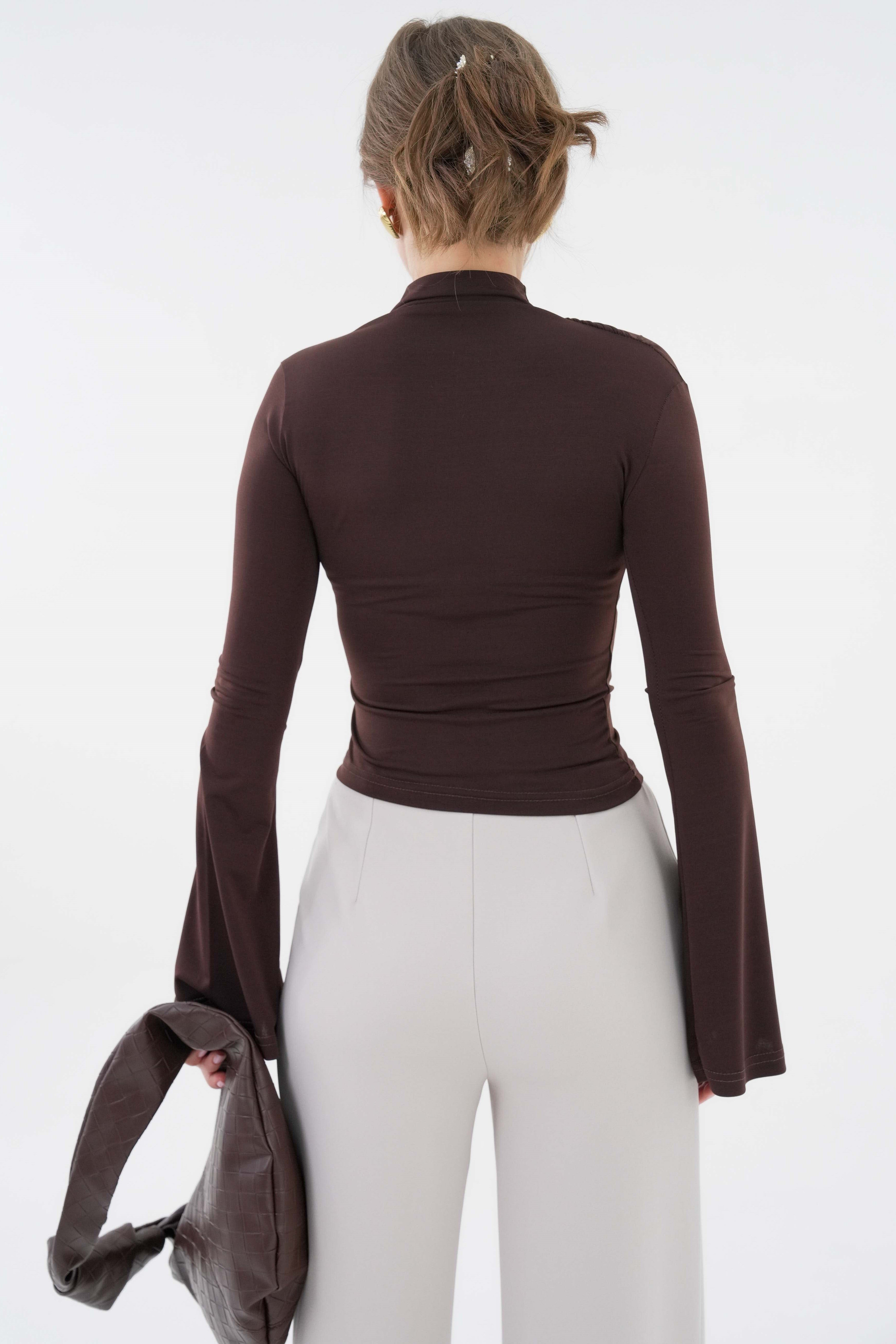 Yanı Drape Büzgülü Likralı Örme Bluz - Kahverengi