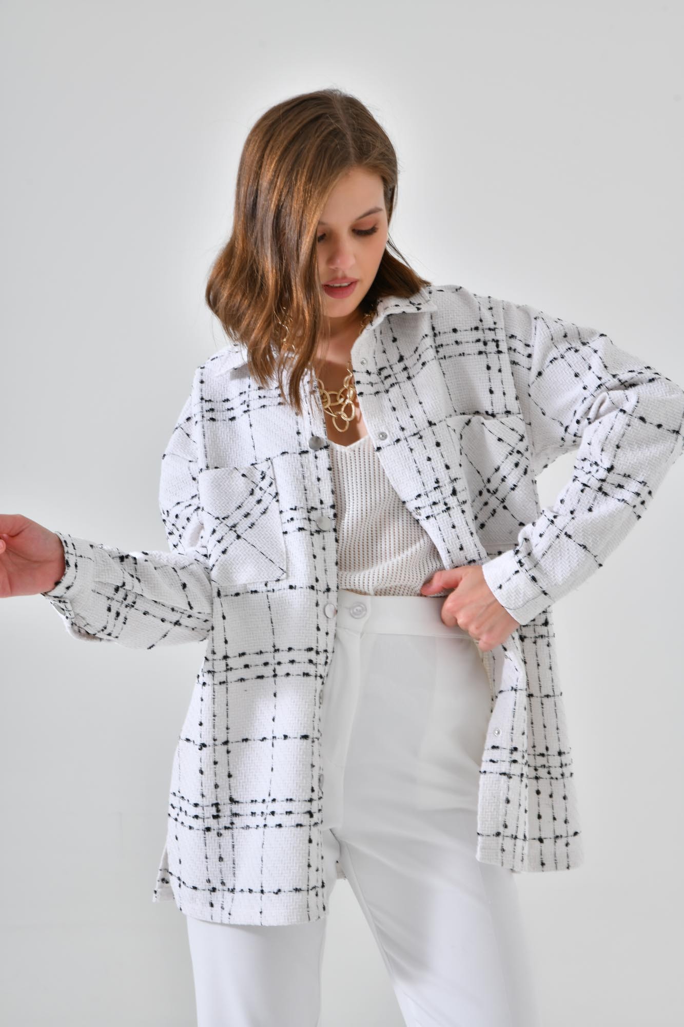 Çıtçıtlı Oversize Çift Cepli Ekoseli Gömlek