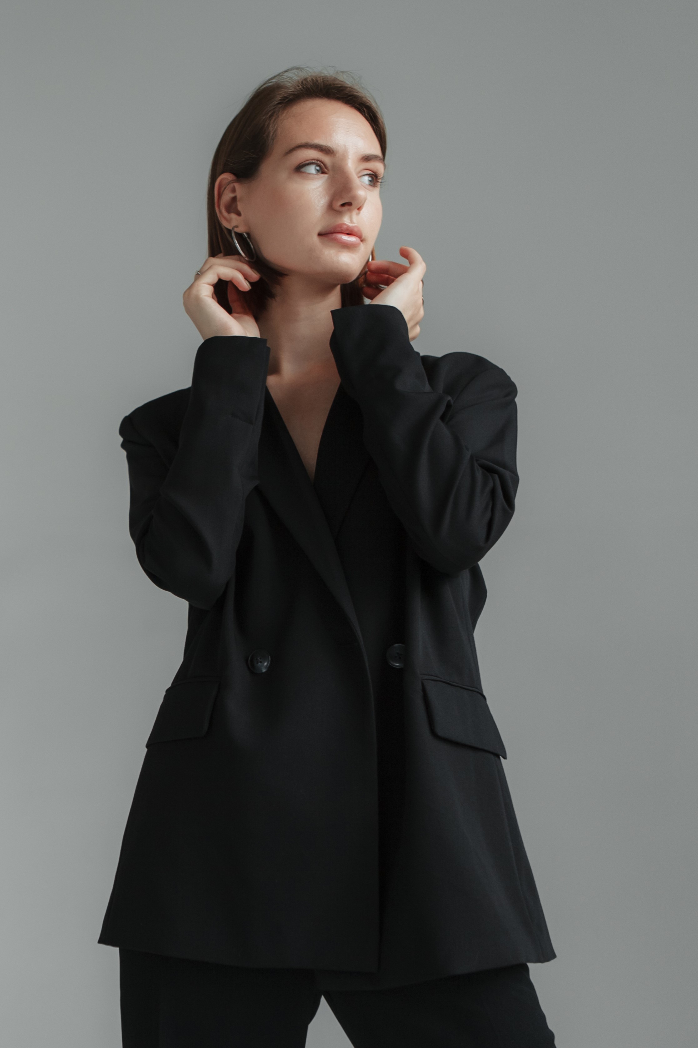 Çift Düğme Kapama Blazer Ceket-Pantolon Dokuma Alt-Üst Takım