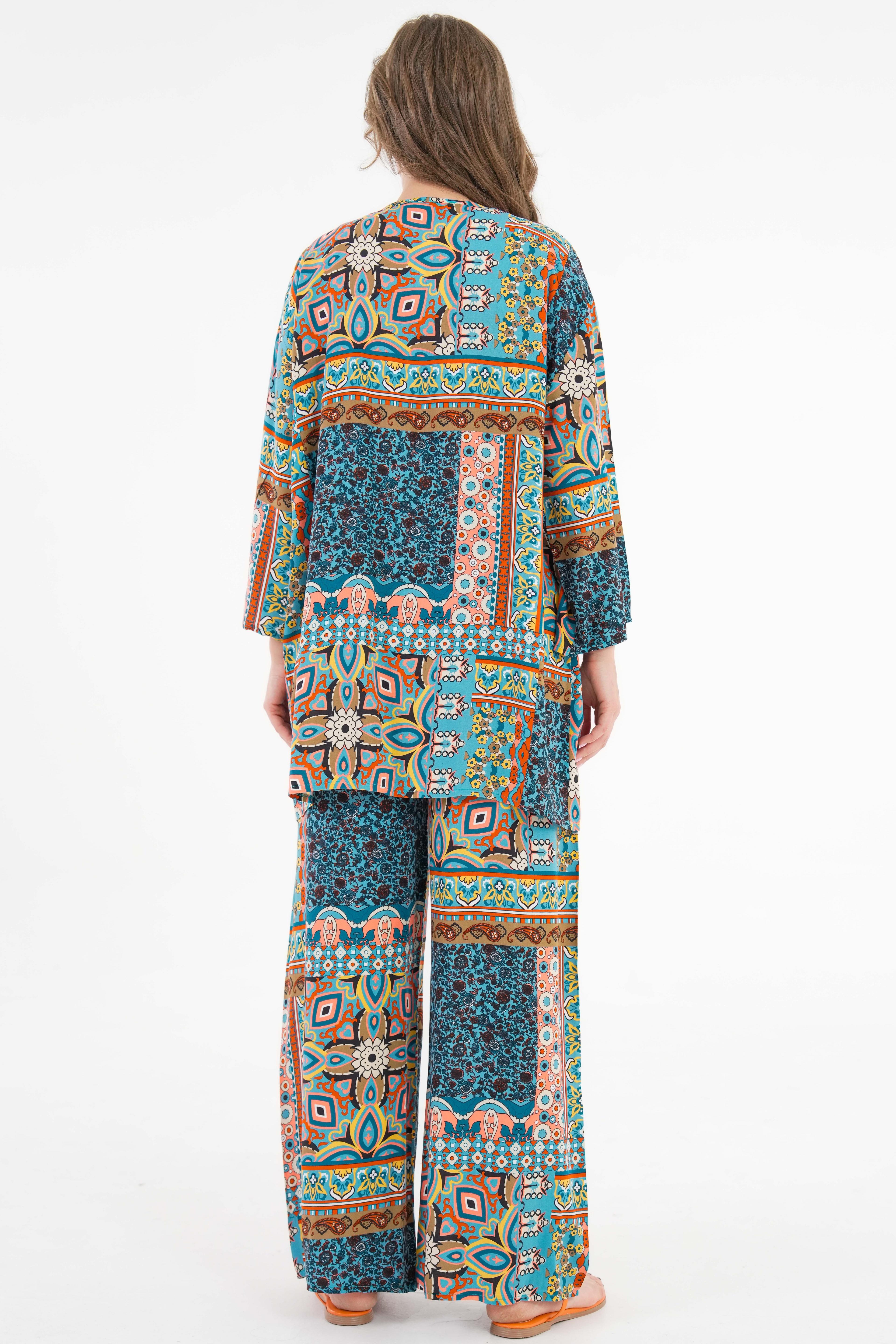 Desenli Kimono -Beli Lastikli Palazzo Pantolon Alt-Üst Takım