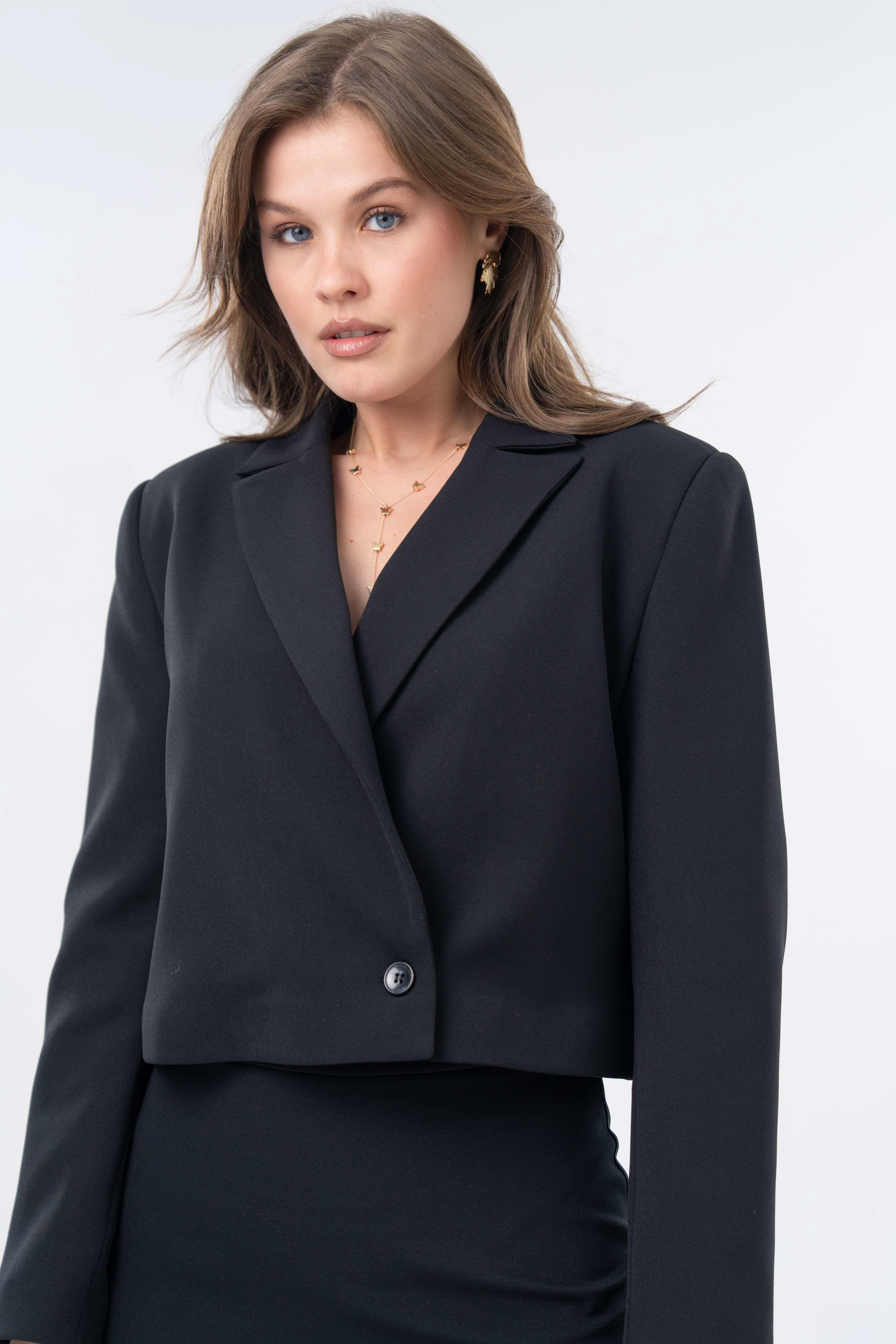 Kruvaze Crop Blazer Ceket - Etek Dokuma Alt-Üst Takım