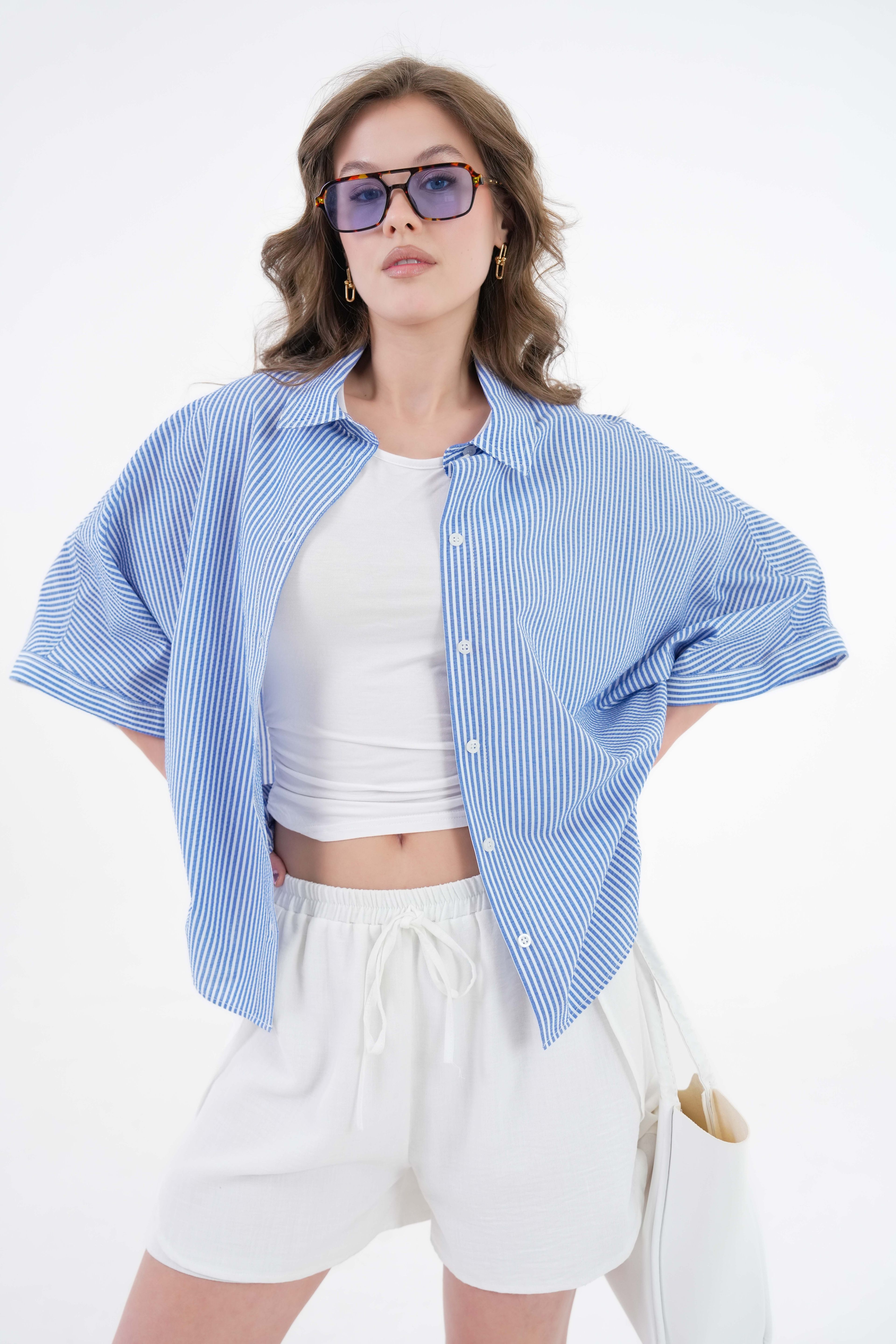 Çizgili Oversize Dokuma Basic Gömlek - Mavi