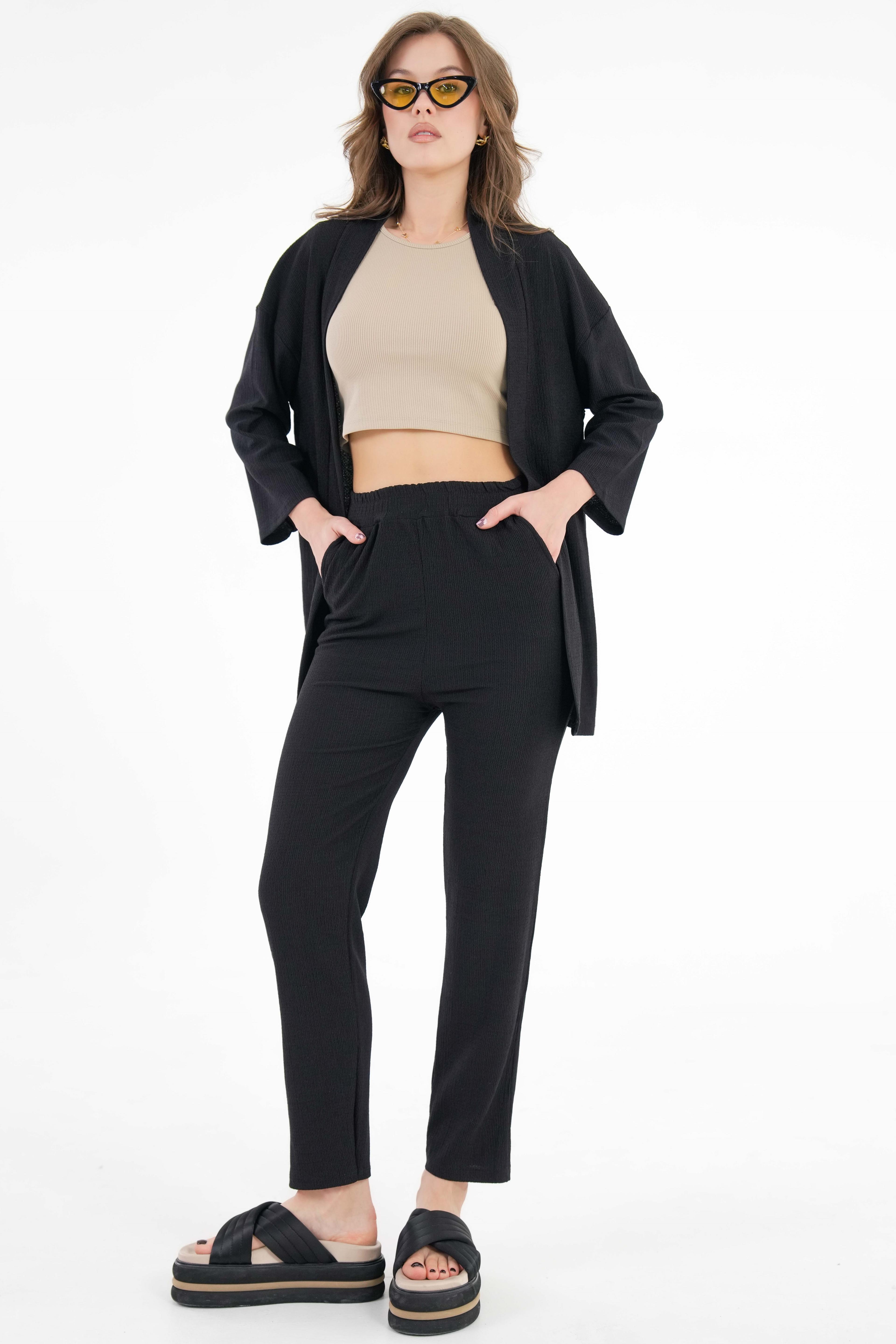 Kıraşlı Kumaş Kimono - Pantolon Örme Takım - Siyah